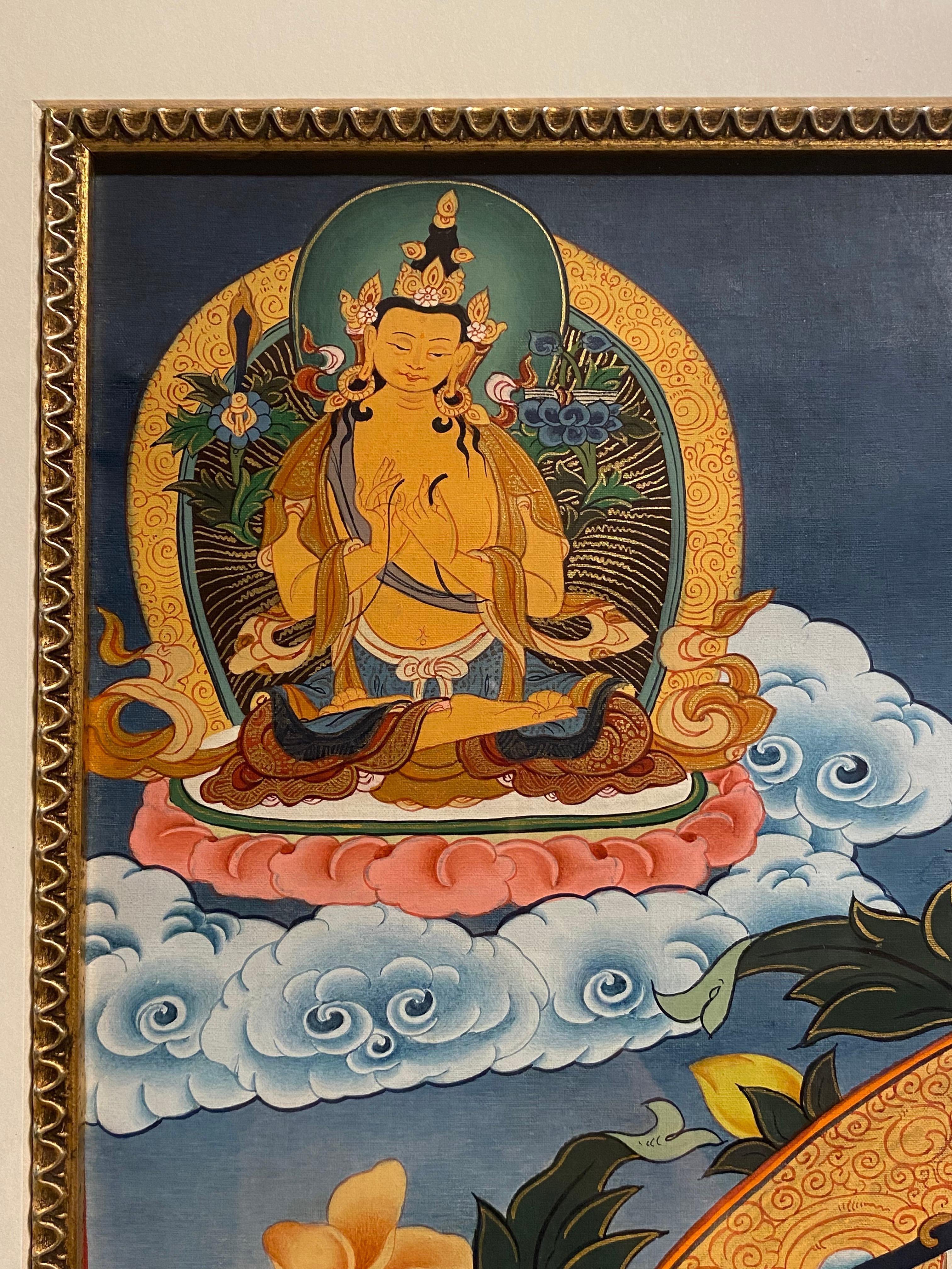 Framed Hand Painted Manjushree Thangka on Canvas with 24K Gold For Sale 5