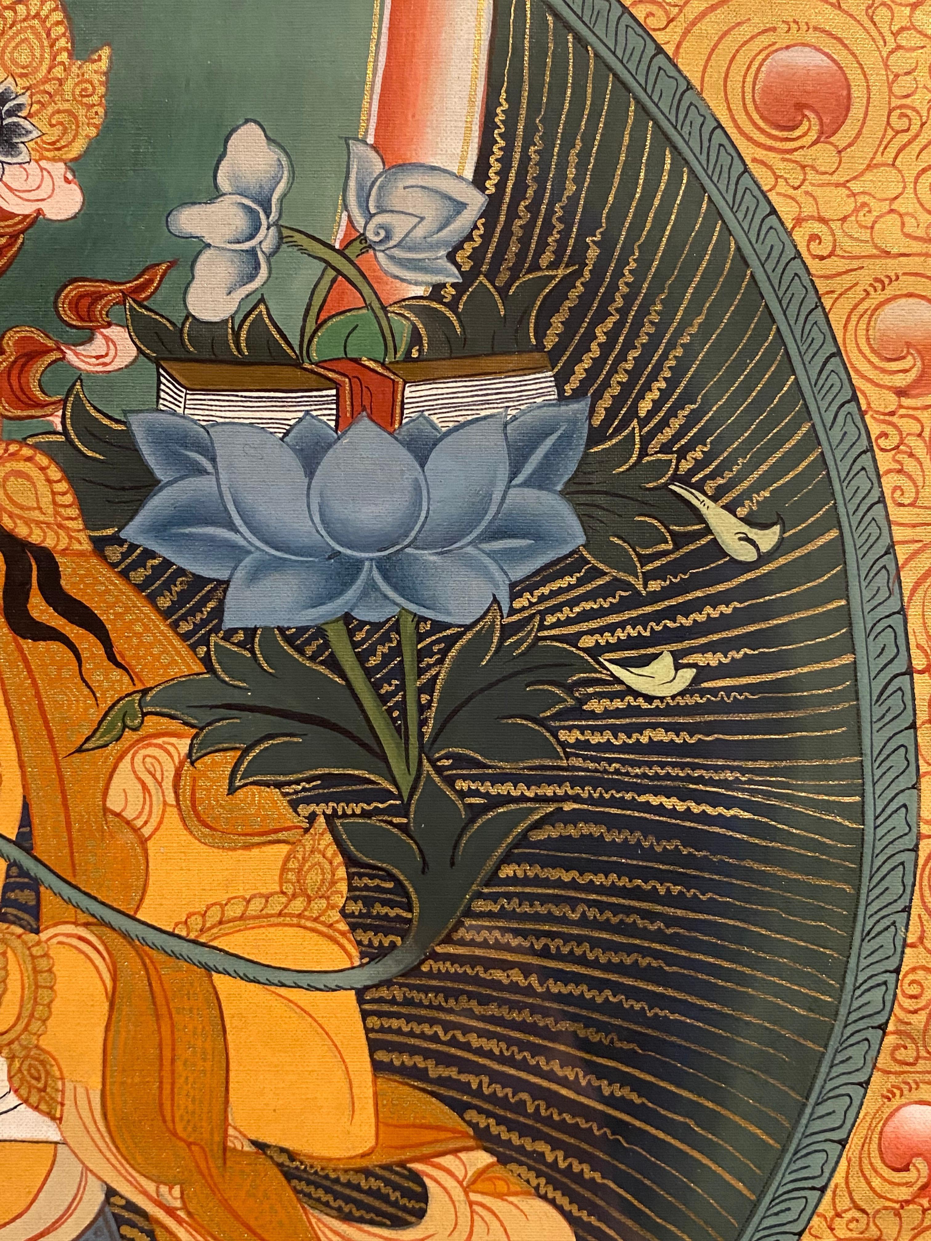 Framed Hand Painted Manjushree Thangka on Canvas with 24K Gold For Sale 6