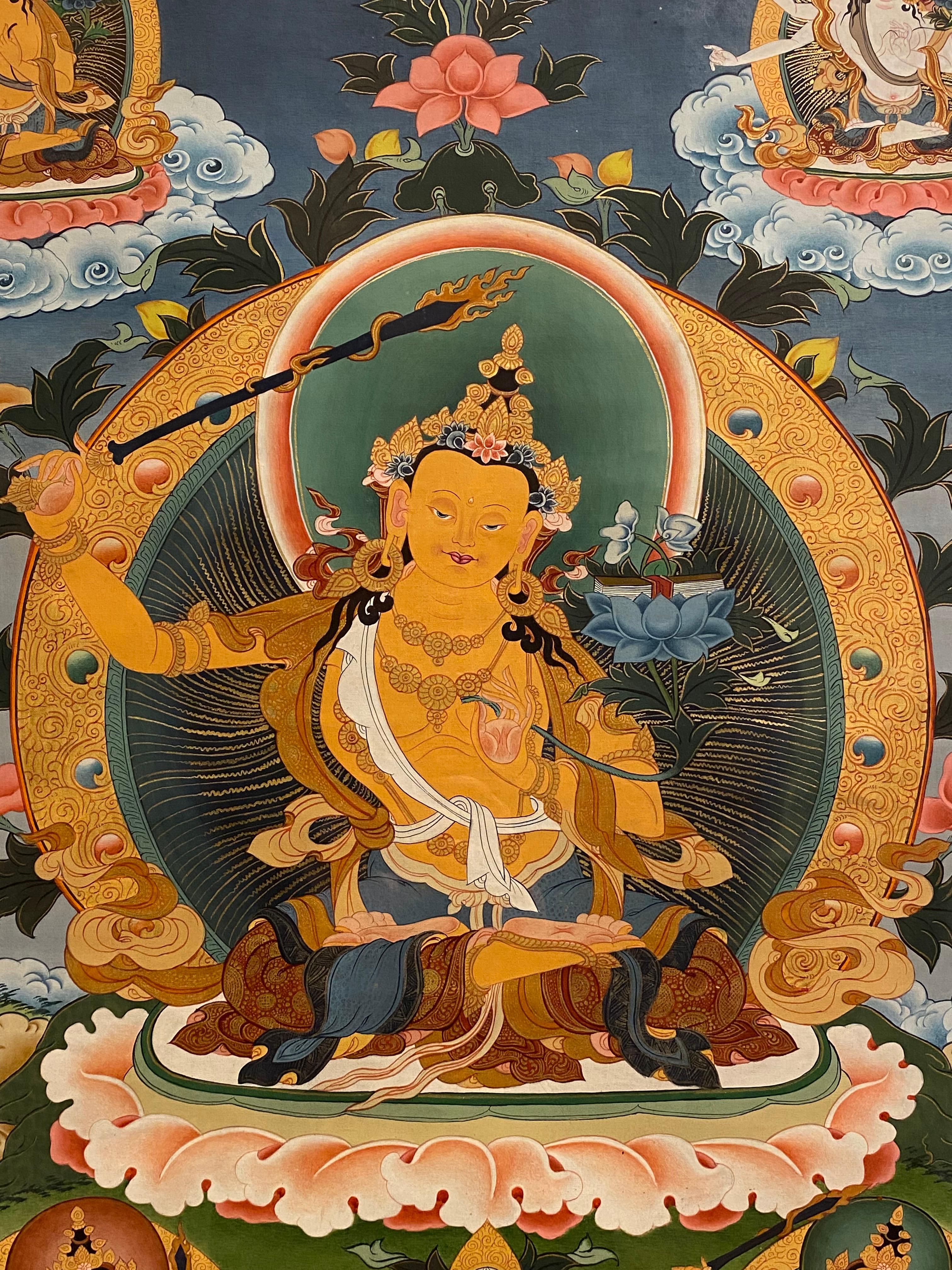 Framed Hand Painted Manjushree Thangka on Canvas with 24K Gold - Painting by Unknown