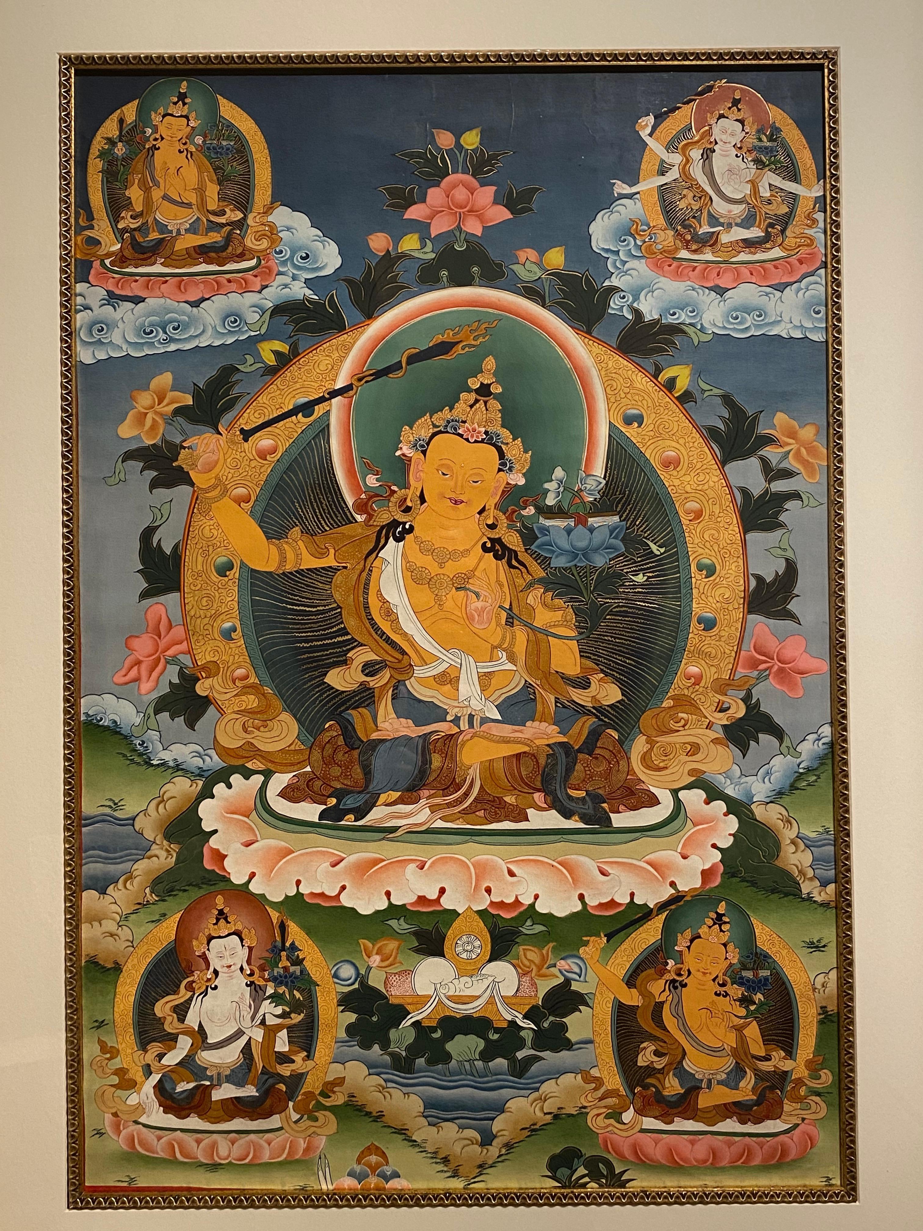 Framed Hand Painted Manjushree Thangka on Canvas with 24K Gold - Other Art Style Painting by Unknown