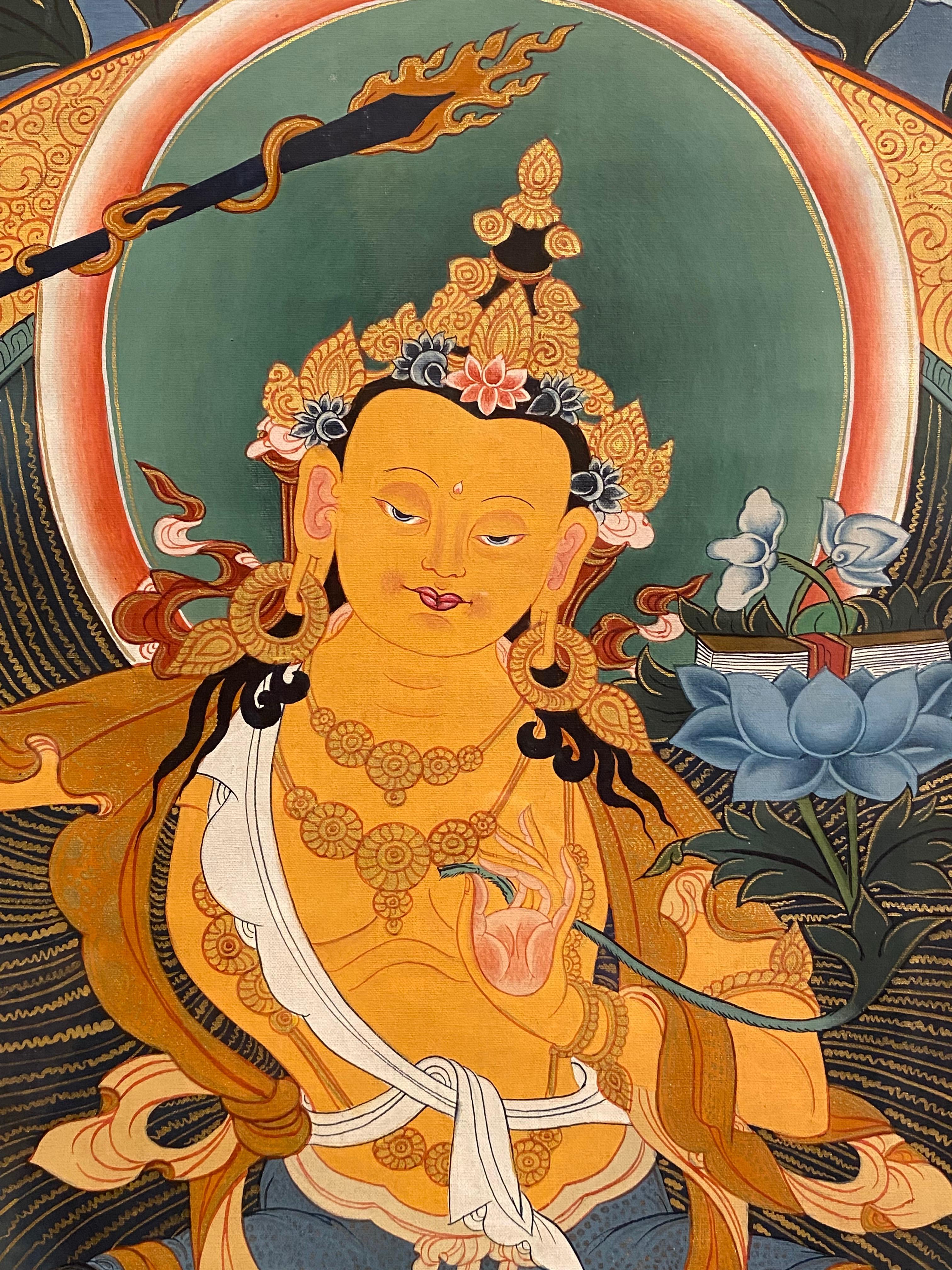 Framed Hand Painted Manjushree Thangka on Canvas with 24K Gold - Brown Figurative Painting by Unknown