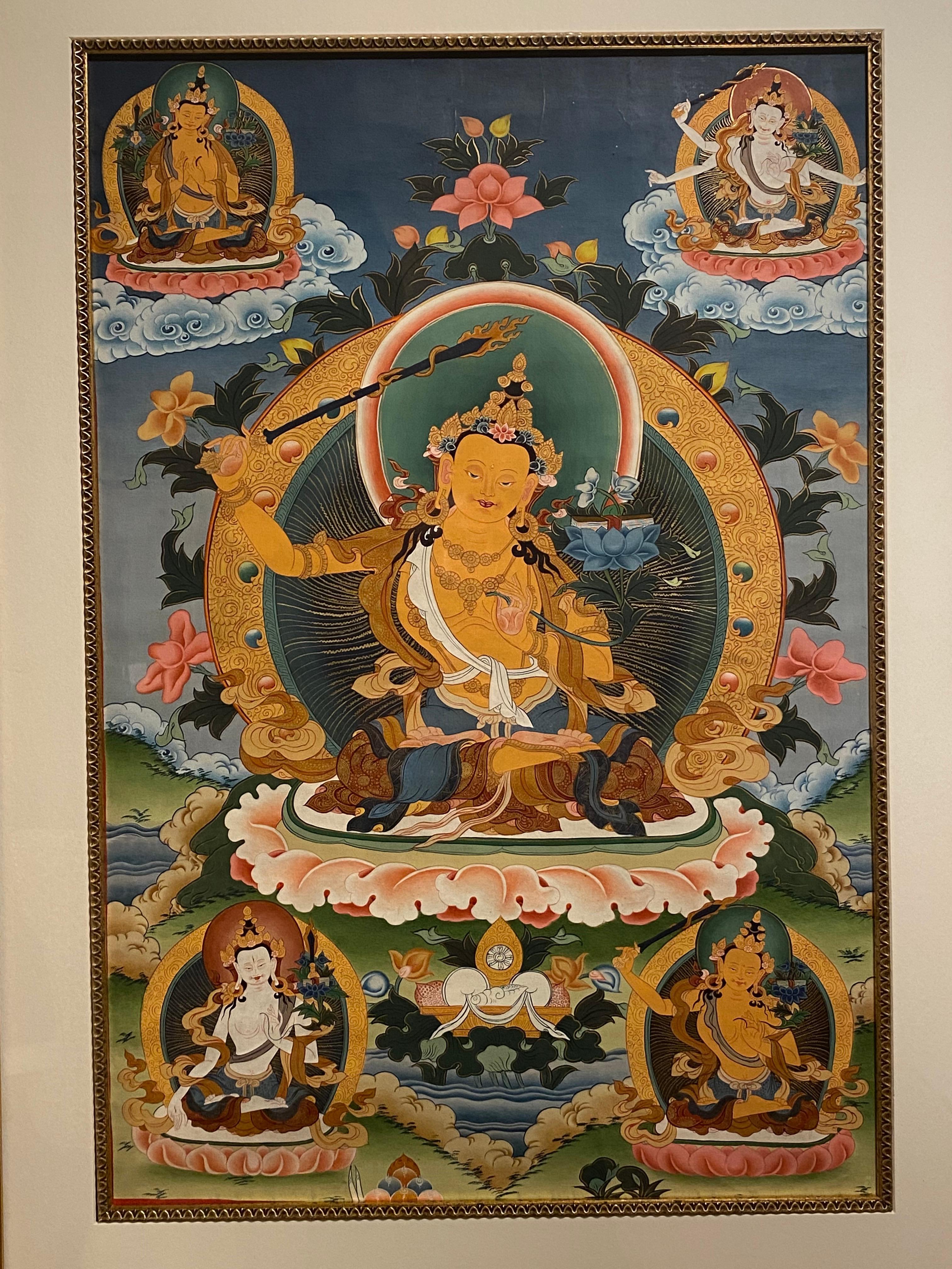 Framed Hand Painted Manjushree Thangka on Canvas with 24K Gold For Sale 1