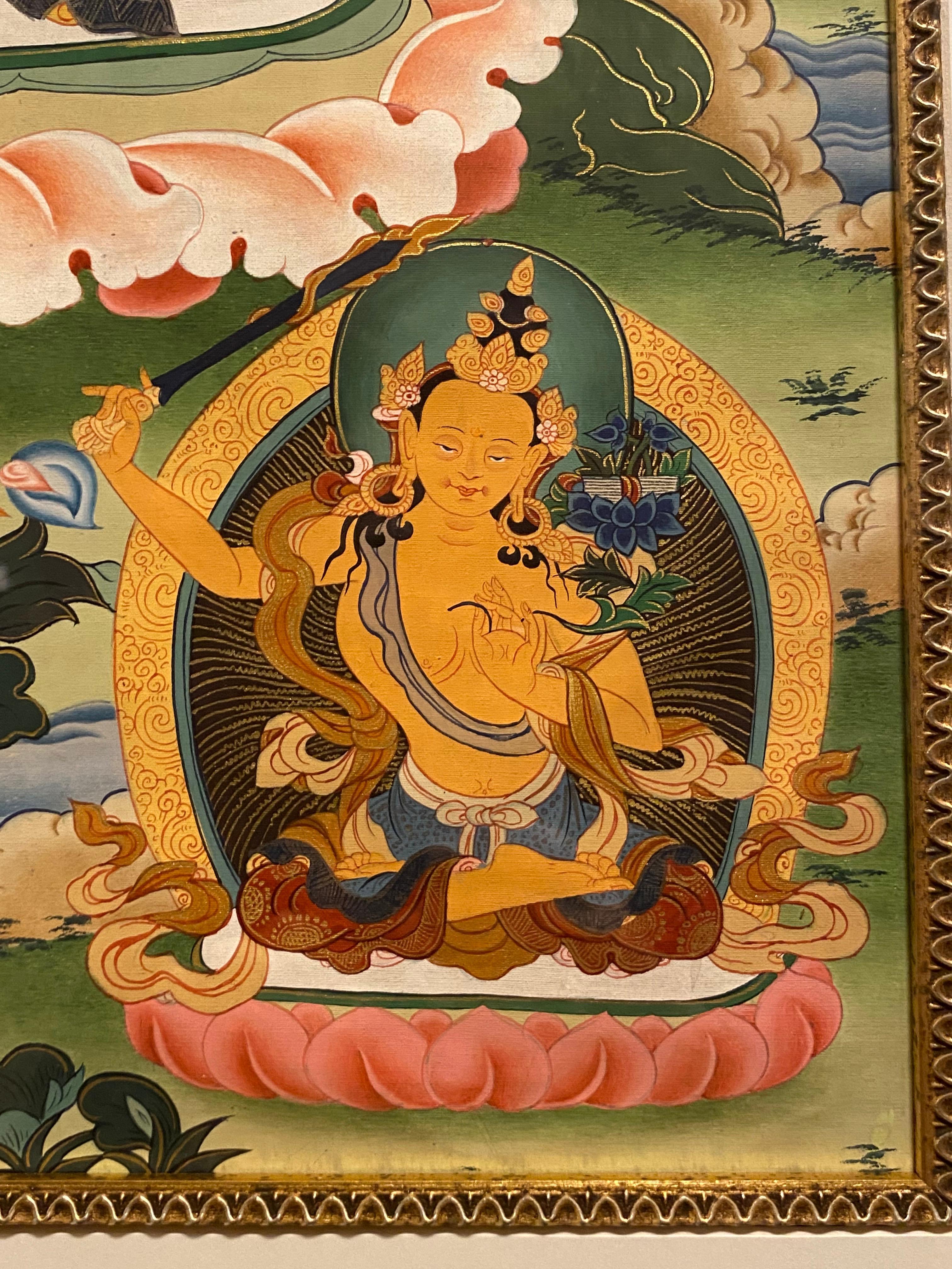 Framed Hand Painted Manjushree Thangka on Canvas with 24K Gold For Sale 2