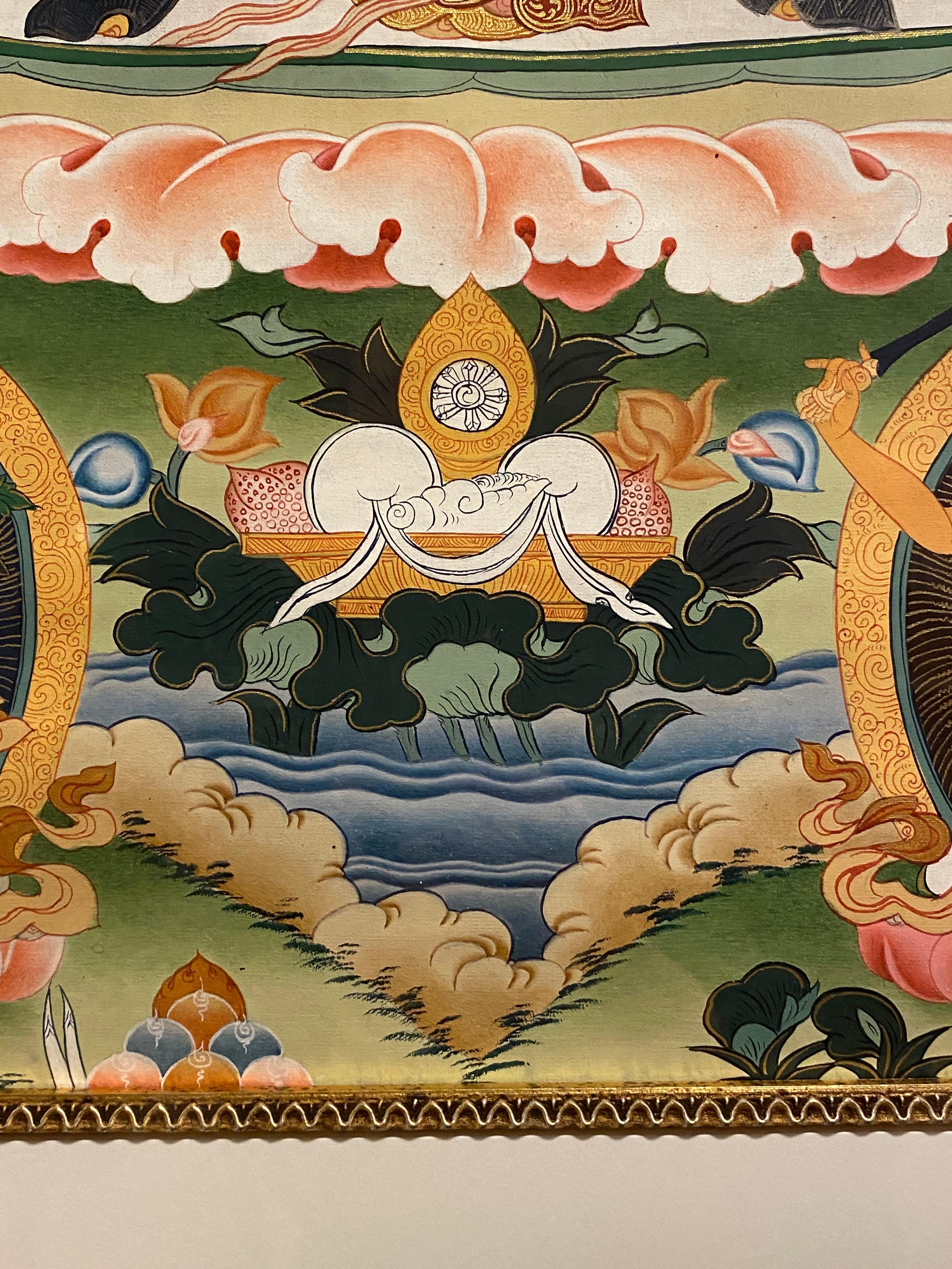 Framed Hand Painted Manjushree Thangka on Canvas with 24K Gold For Sale 3
