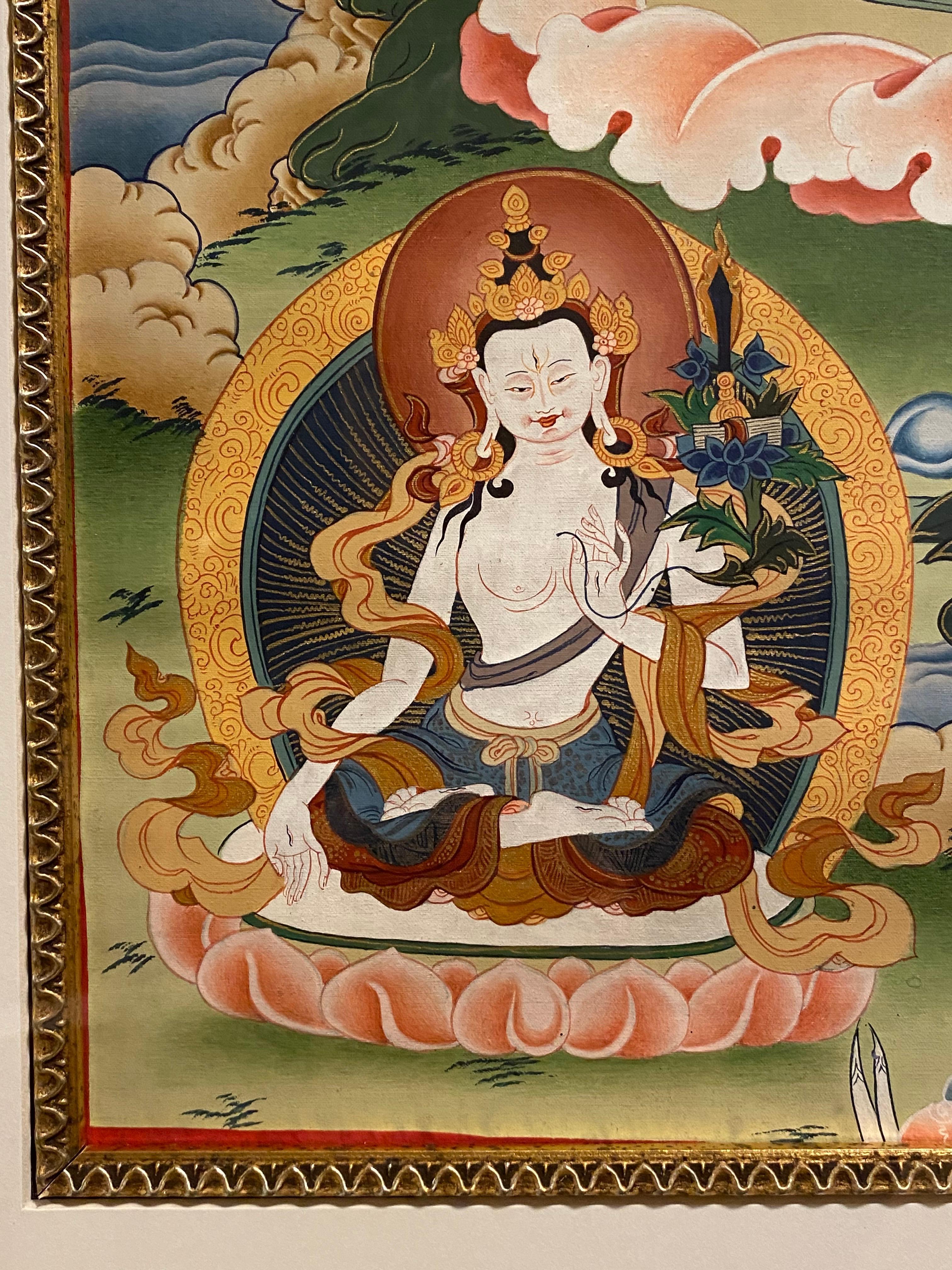 Framed Hand Painted Manjushree Thangka on Canvas with 24K Gold For Sale 4
