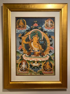 Thangka di Manjushree dipinto a mano e incorniciato su tela con oro 24 carati