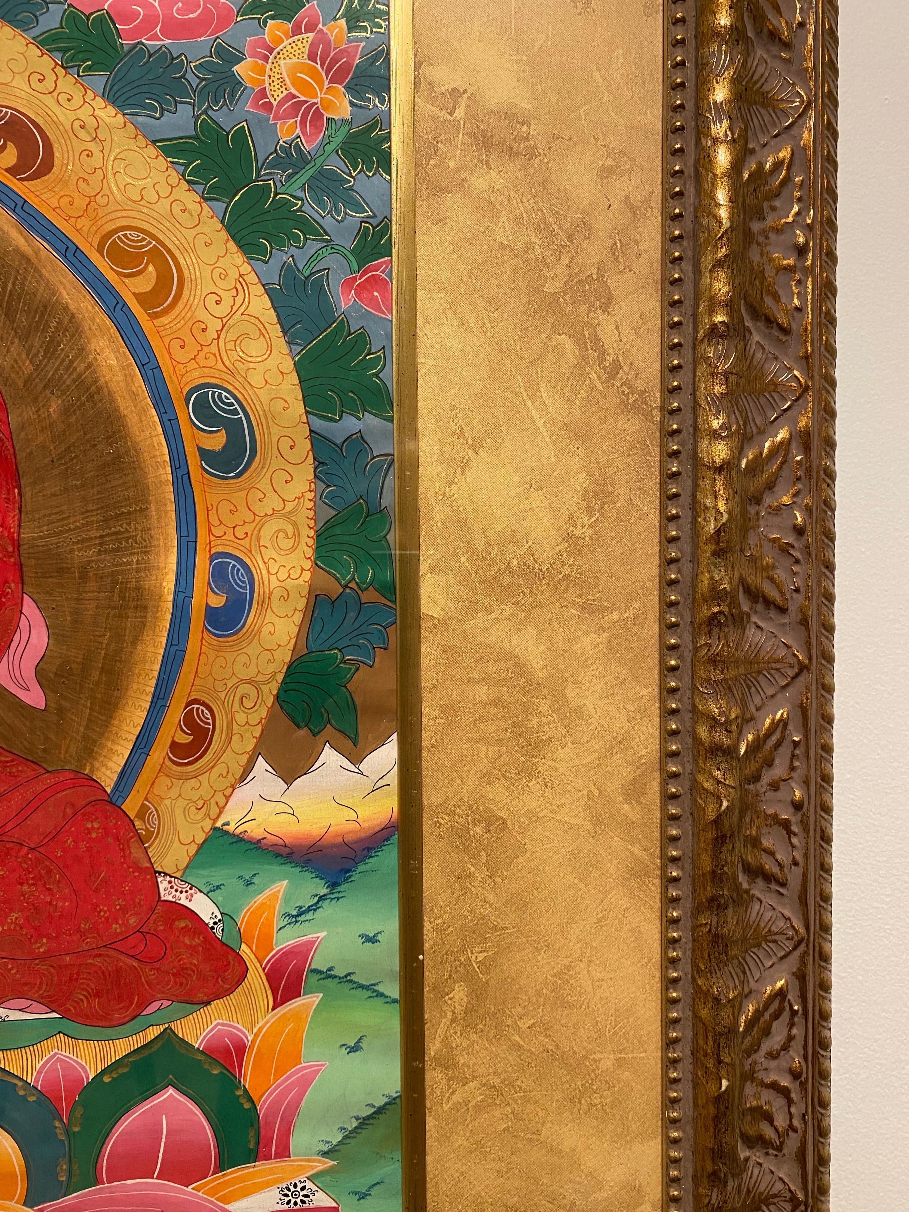Framed Hand Painted Medicine Buddha Thangka on Canvas 24K Gold For Sale 11