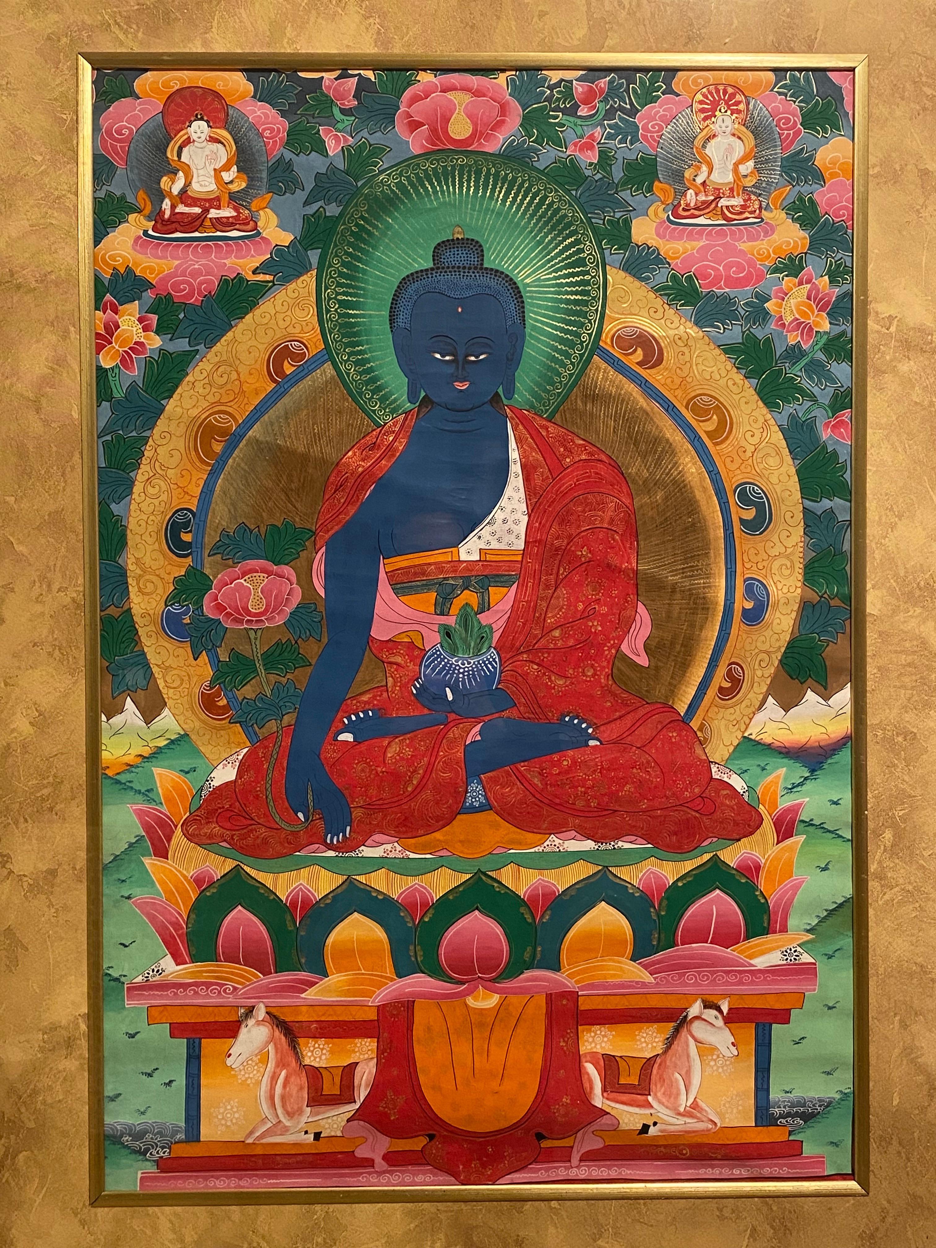 Framed Hand Painted Medicine Buddha Thangka on Canvas 24K Gold - Painting by Unknown