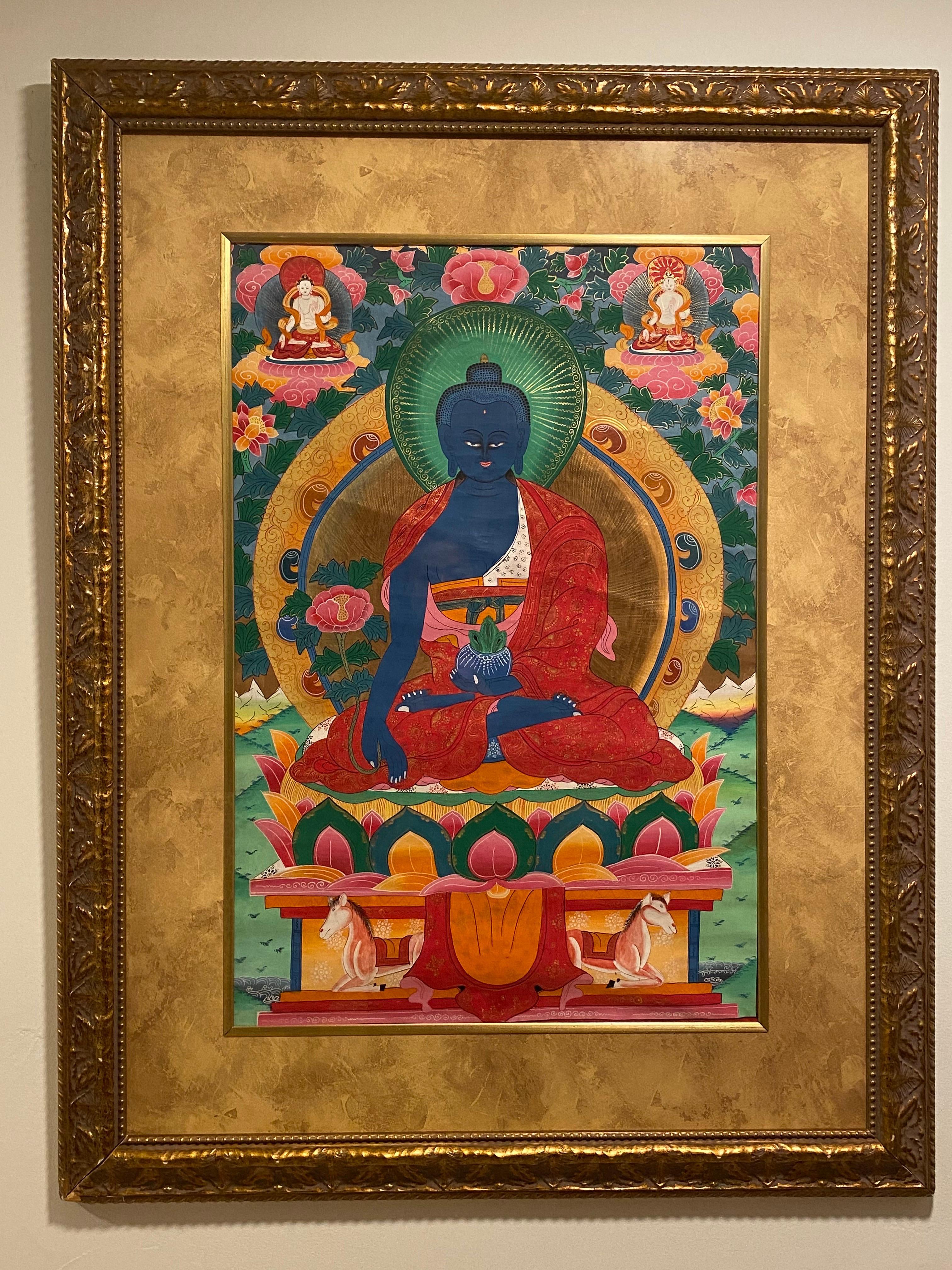 Framed Hand Painted Medicine Buddha Thangka on Canvas 24K Gold - Other Art Style Painting by Unknown