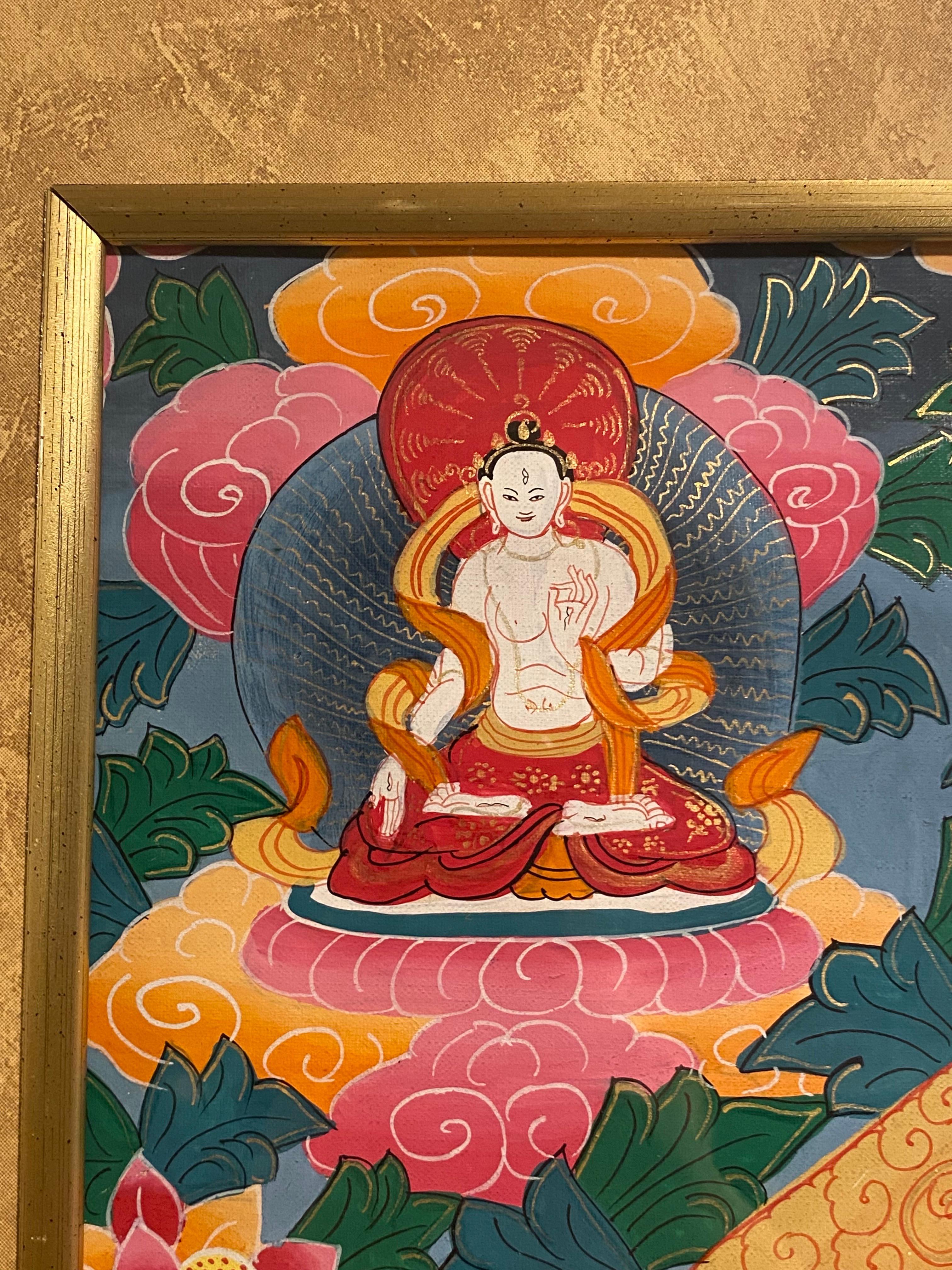 Framed Hand Painted Medicine Buddha Thangka on Canvas 24K Gold For Sale 2
