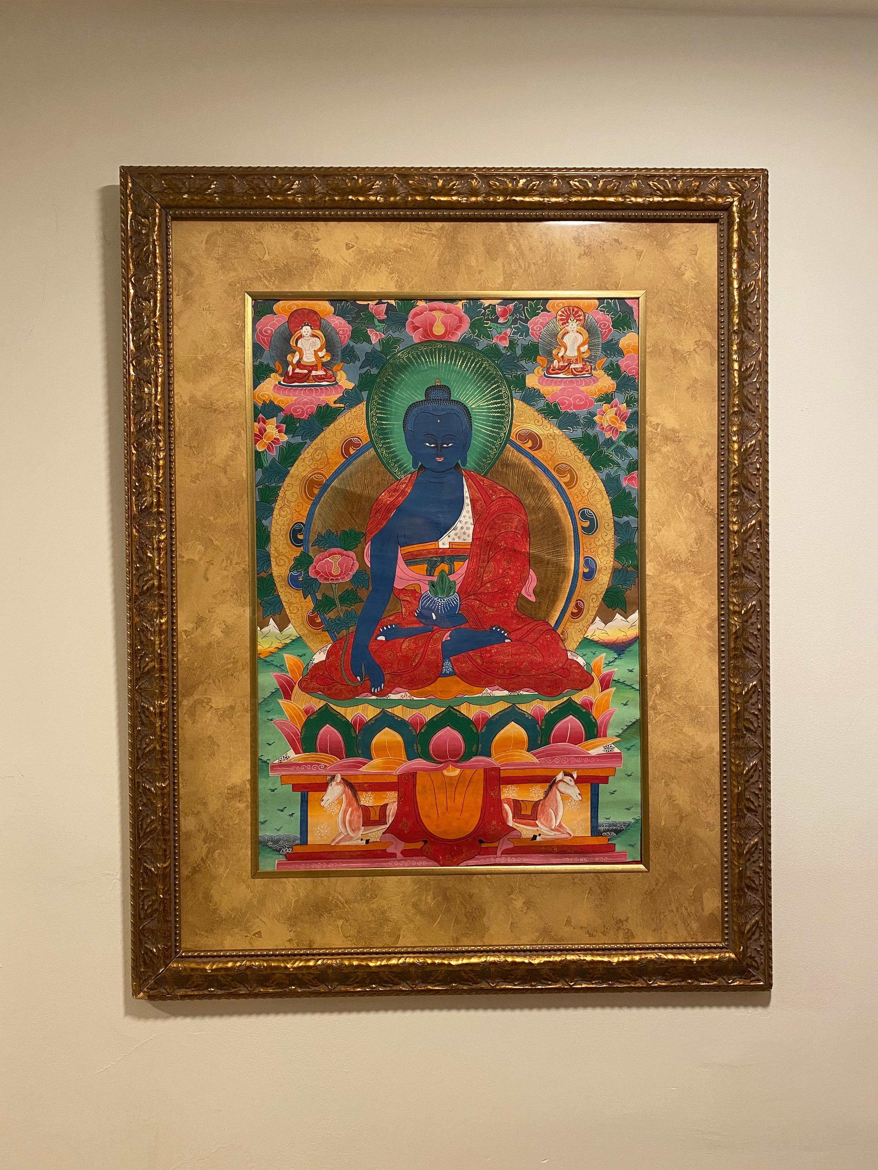 Unknown Figurative Painting - Framed Hand Painted Medicine Buddha Thangka on Canvas 24K Gold