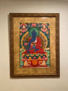 Vintage Framed Hand Painted Medicine Buddha Thangka on Canvas 24K Gold