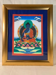 Framed Hand Painted Medicine Buddha Thangka with 24K Gold on Canvas