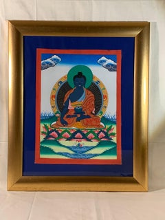 Framed Hand Painted Medicine Buddha Thangka with 24K Gold on Canvas 