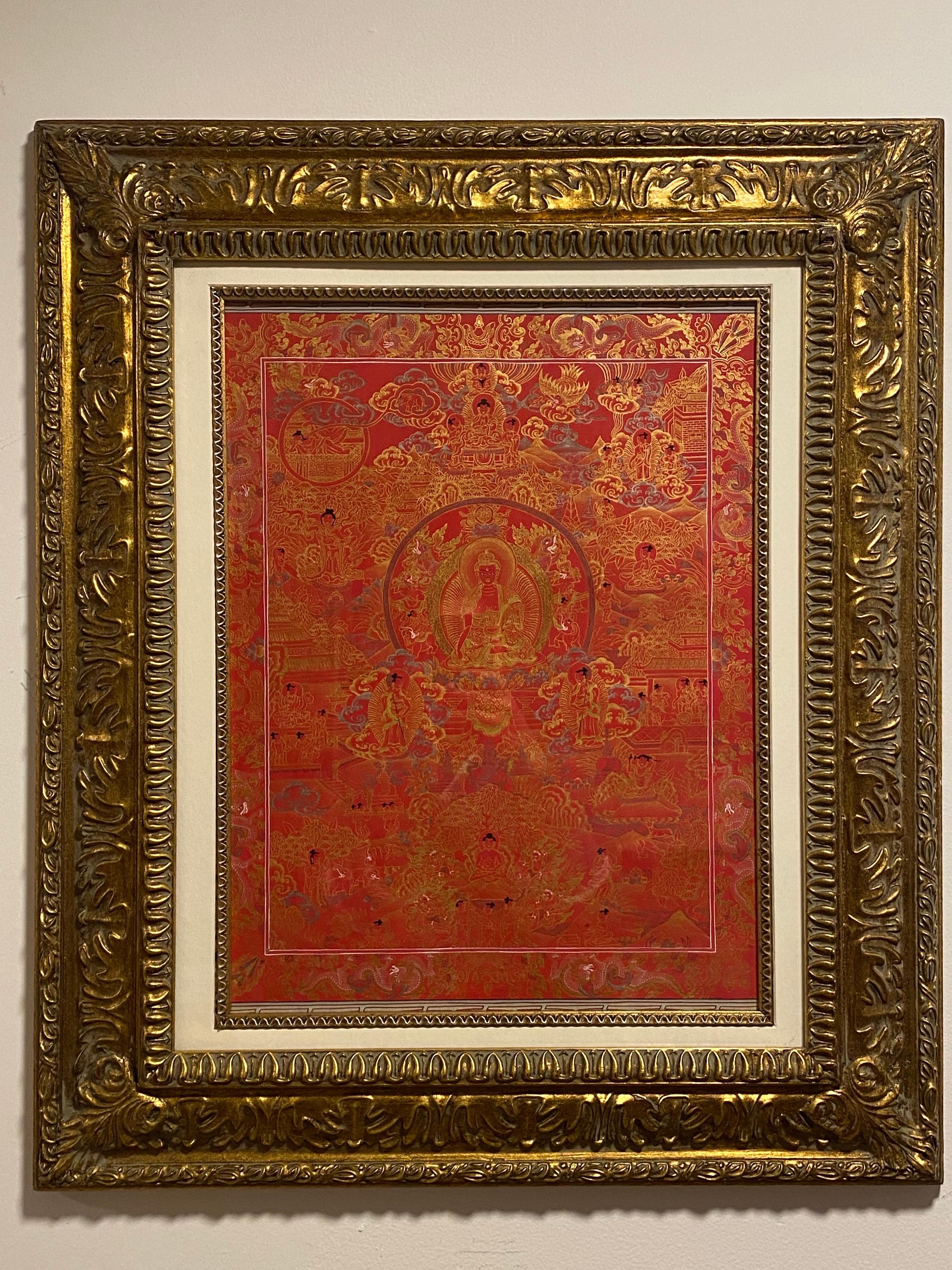 Framed Hand Painted on Canvas Life History of Buddha Thangka 24K Gold - Painting by Unknown