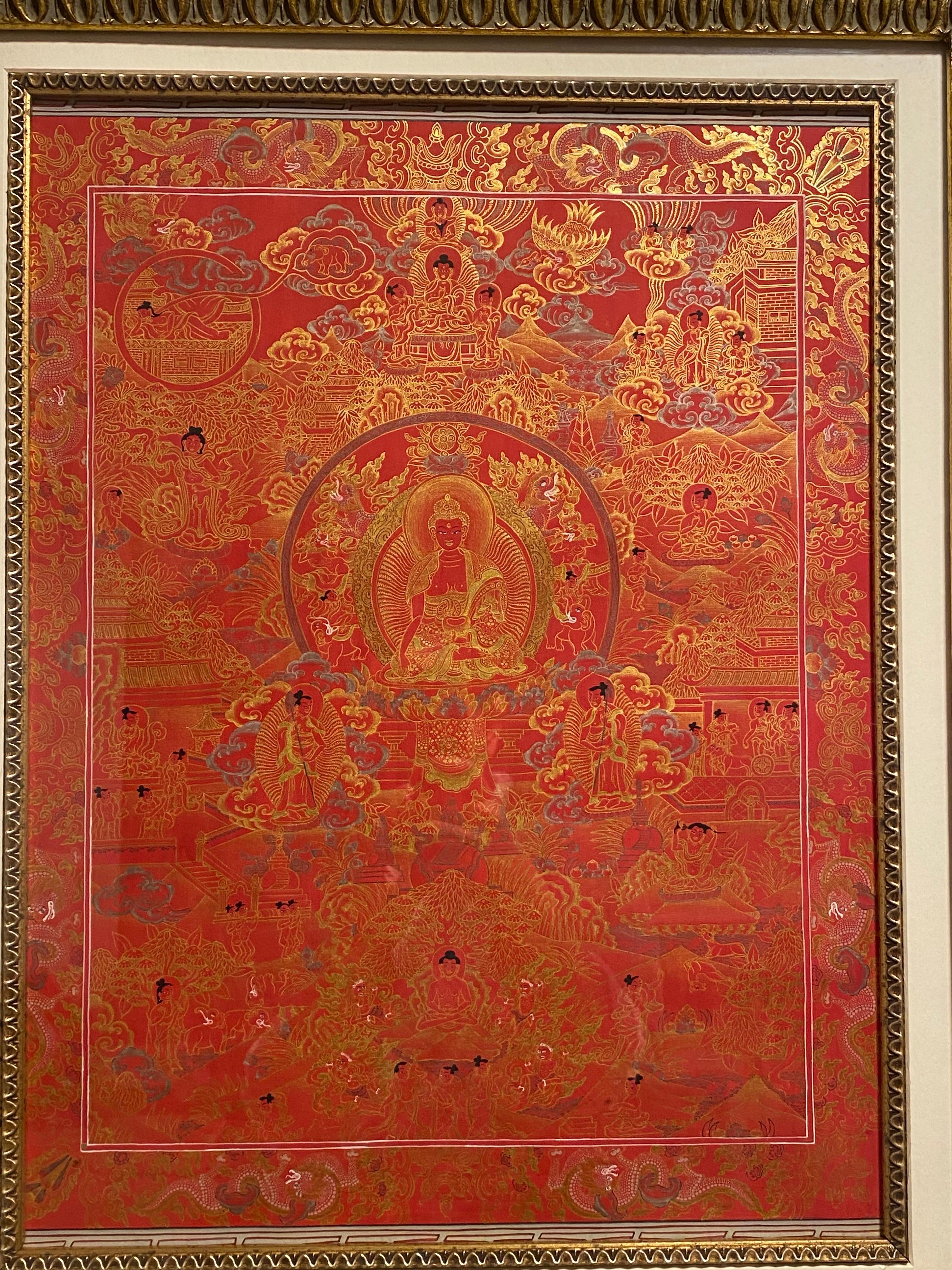 Framed Hand Painted on Canvas Life History of Buddha Thangka 24K Gold - Other Art Style Painting by Unknown