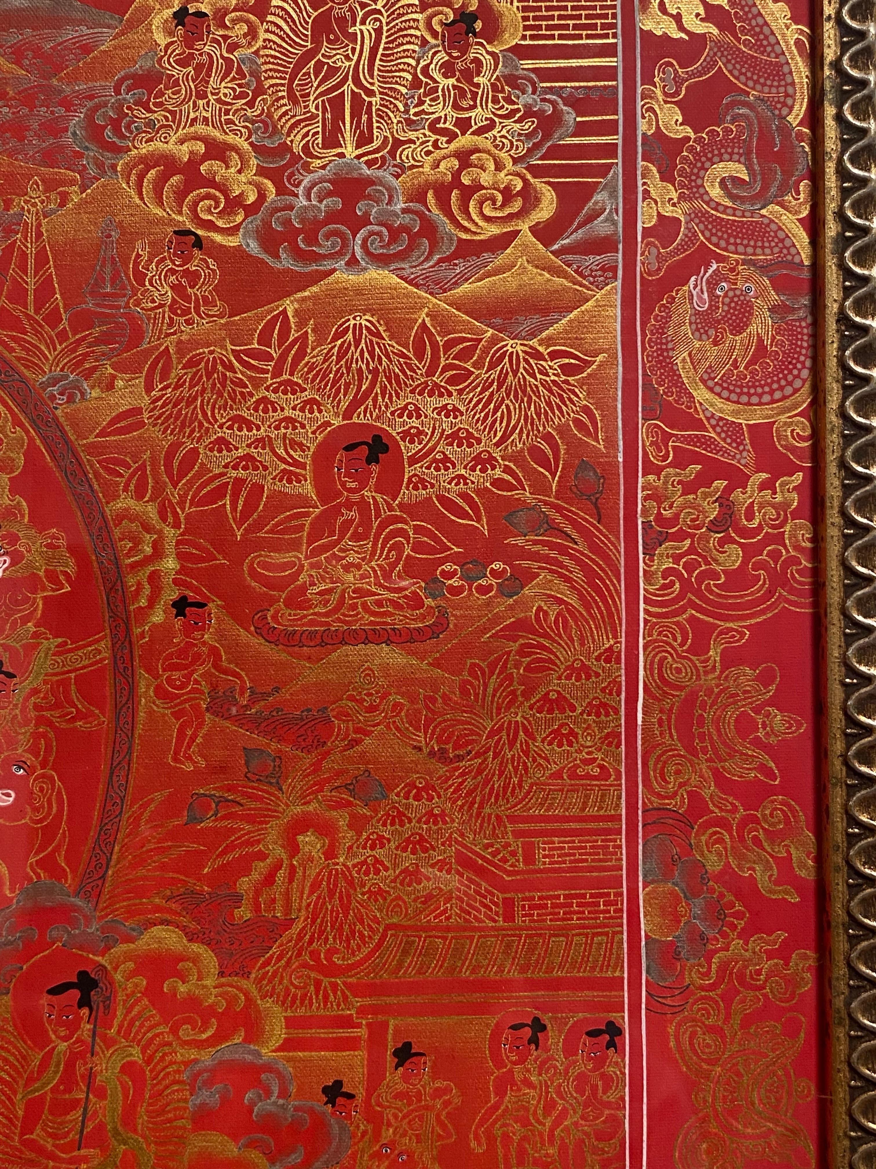 Framed Hand Painted on Canvas Life History of Buddha Thangka 24K Gold For Sale 3