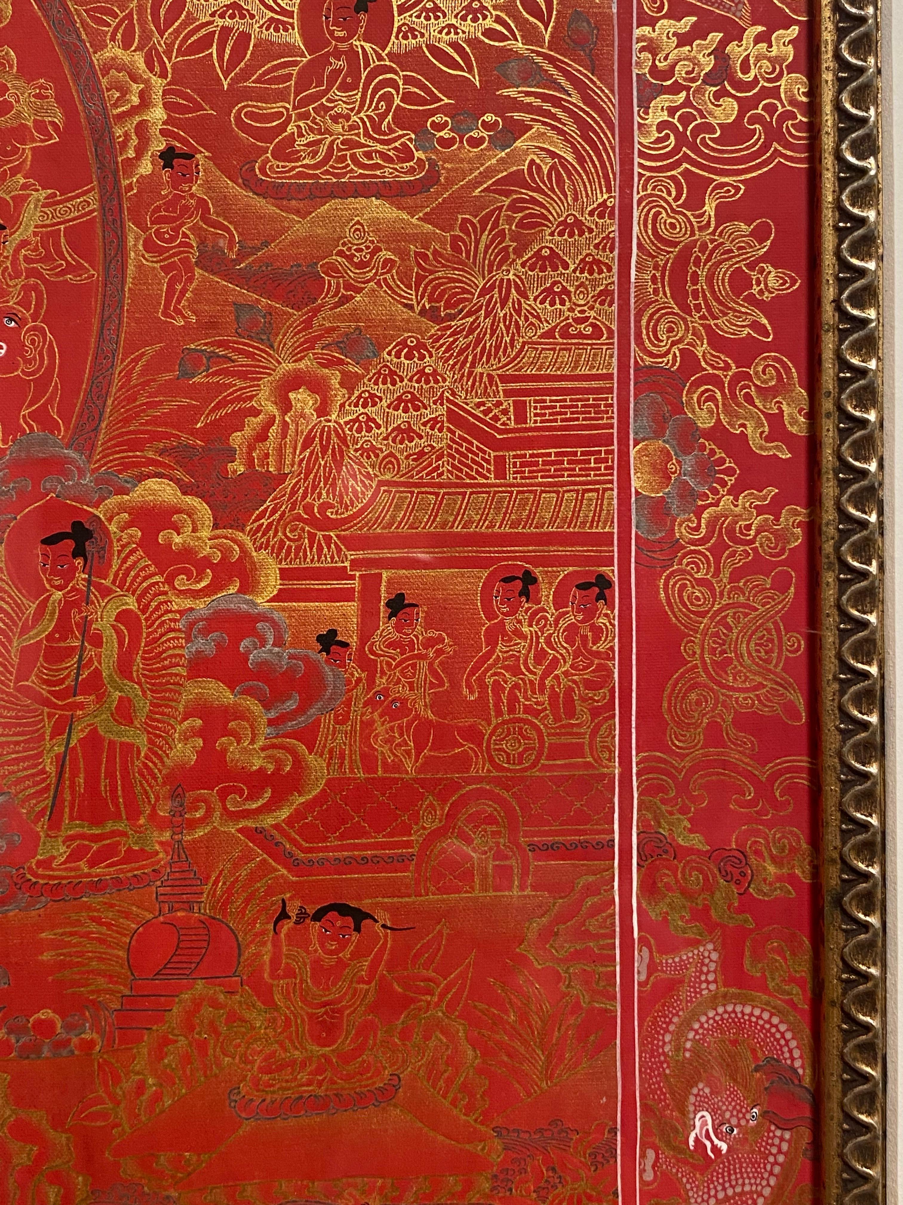 Gerahmt, handbemalt, auf Leinwand, Lebensgeschichte des Buddha Thangka 24K Gold, gerahmt im Angebot 3