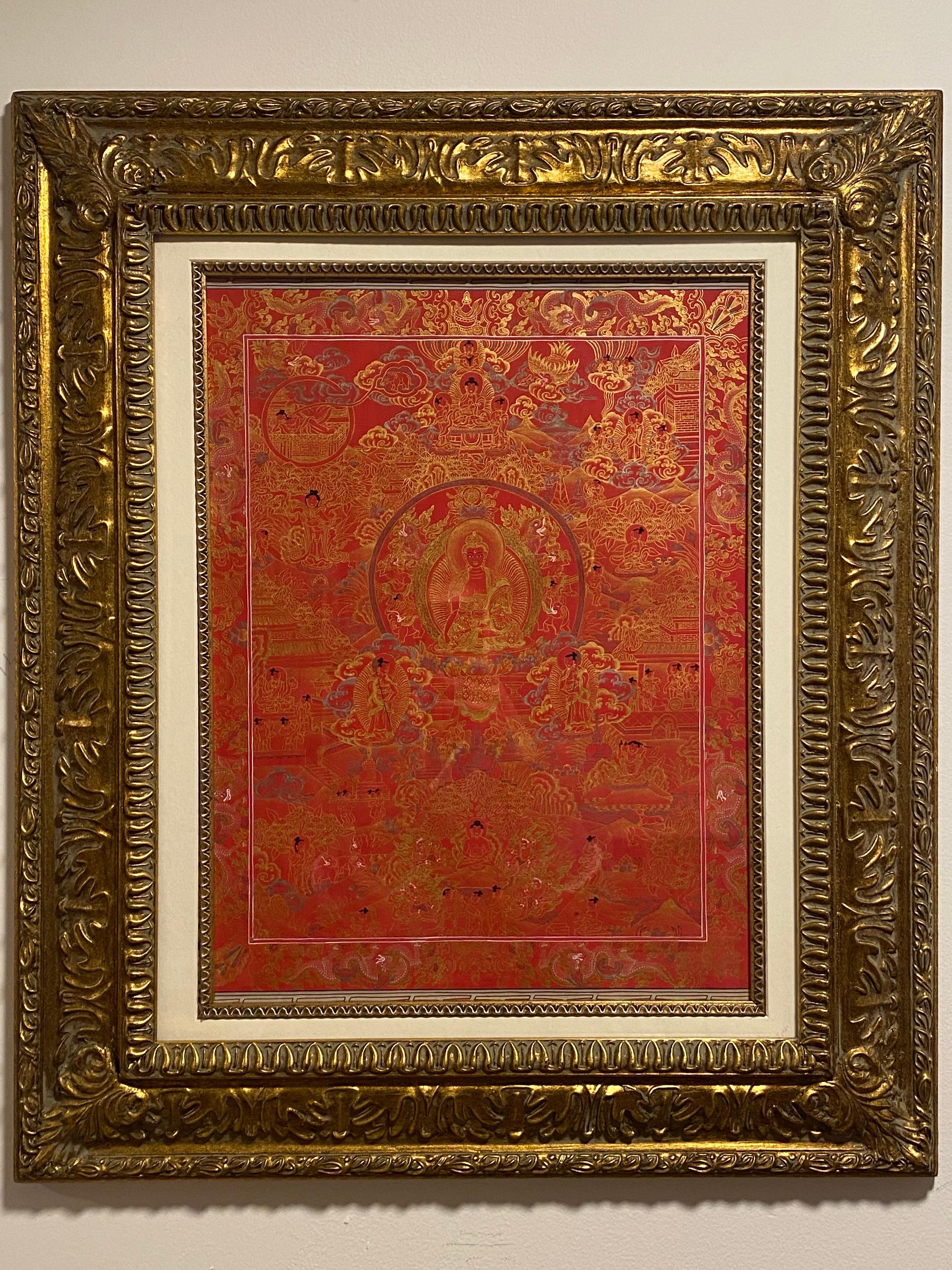 Unknown Figurative Painting – Gerahmt, handbemalt, auf Leinwand, Lebensgeschichte des Buddha Thangka 24K Gold, gerahmt