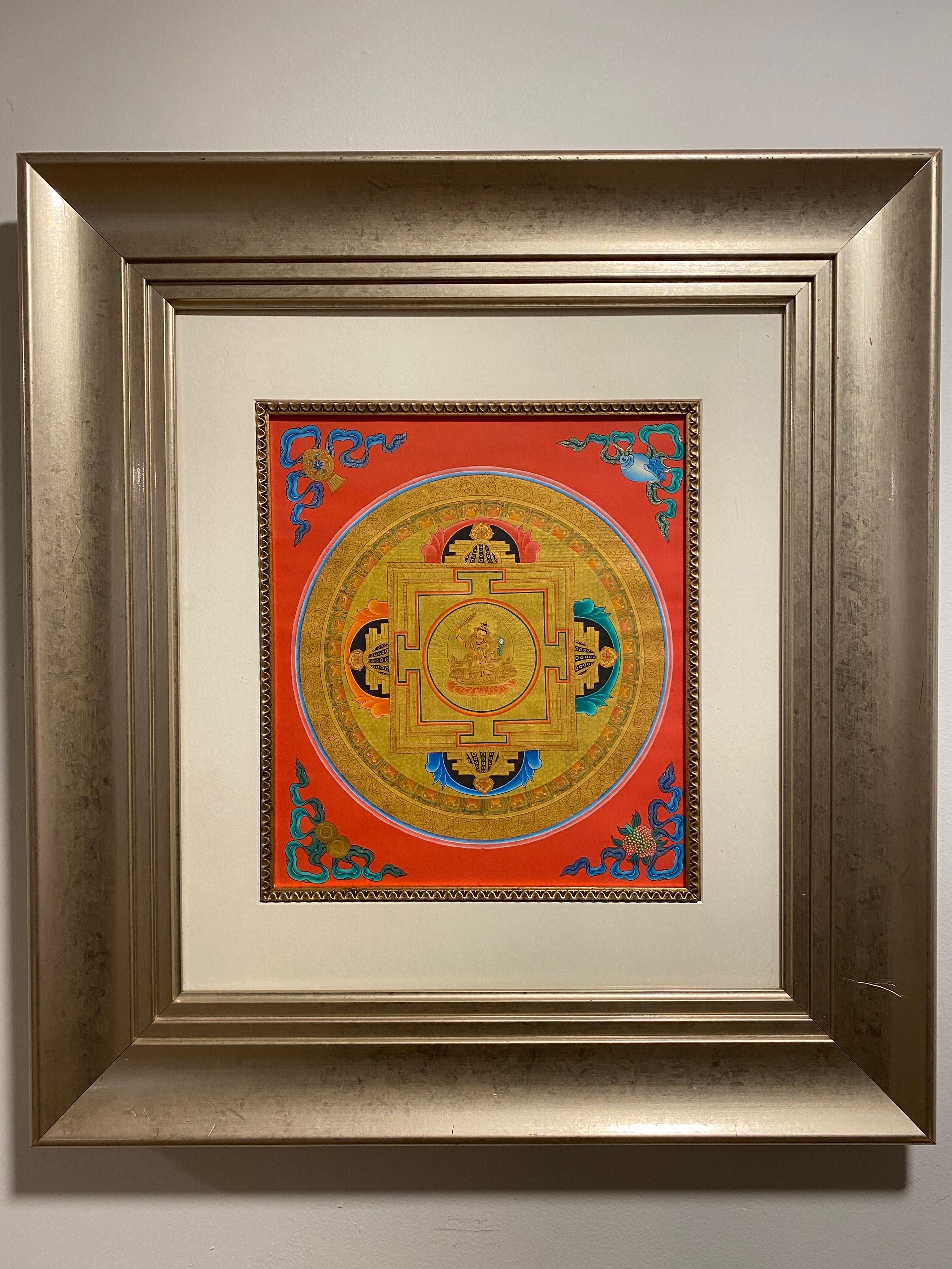 Framed Hand Painted  on Canvas Mandala Thangka 24K Gold  - Painting by Unknown