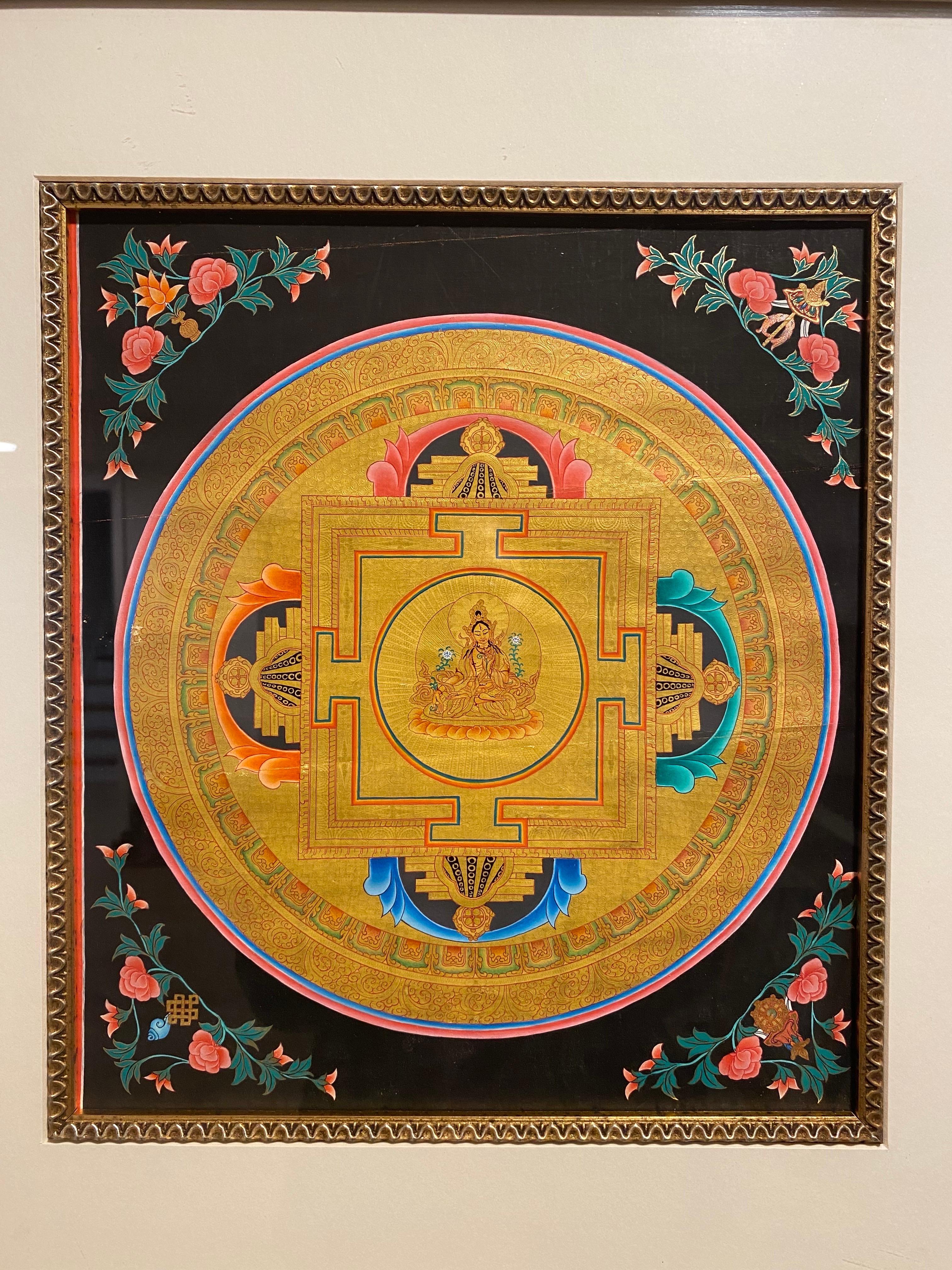 Framed Hand Painted on Canvas Mandala Thangka 24K Gold  - Painting by Unknown