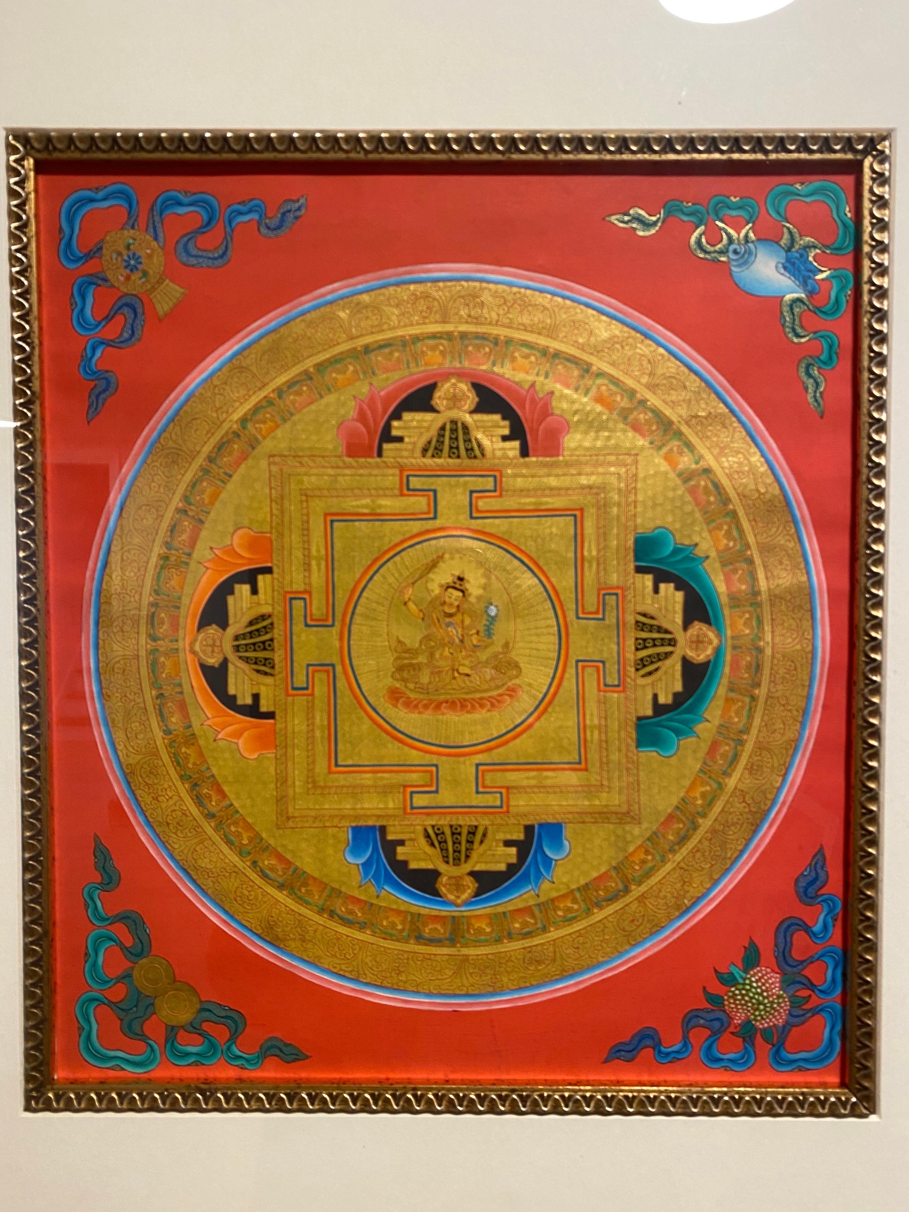 Framed Hand Painted  on Canvas Mandala Thangka 24K Gold  - Other Art Style Painting by Unknown