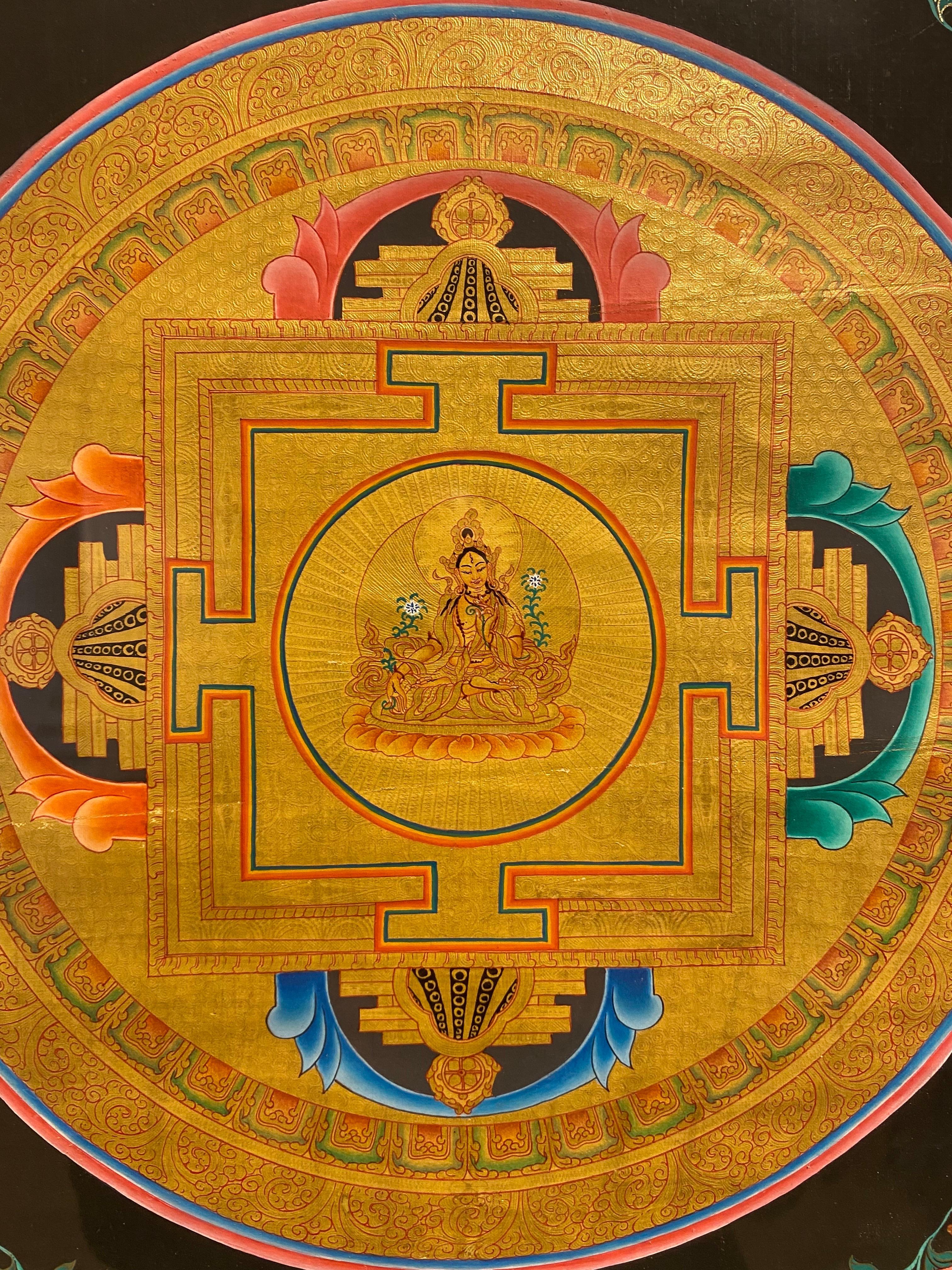 Framed Hand Painted on Canvas Mandala Thangka 24K Gold  - Other Art Style Painting by Unknown