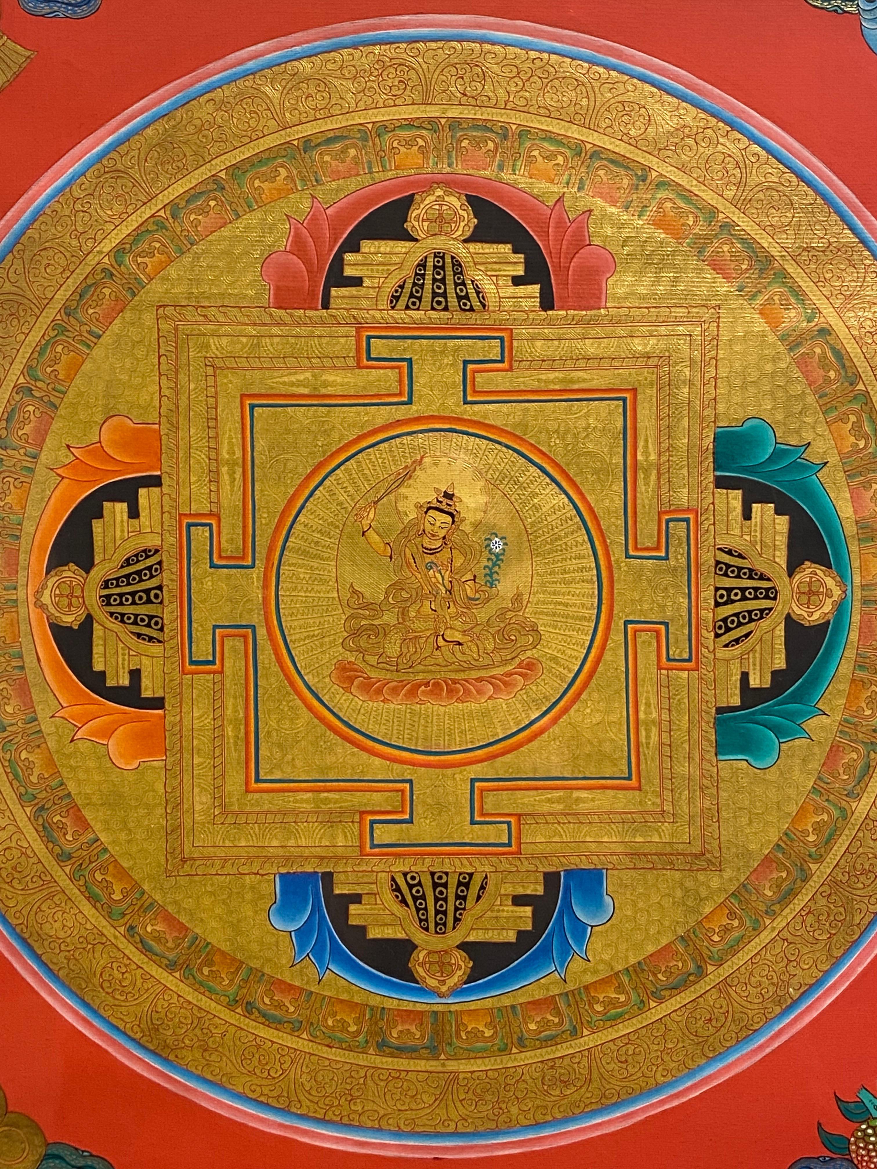 Framed Hand Painted  on Canvas Mandala Thangka 24K Gold  - Brown Figurative Painting by Unknown