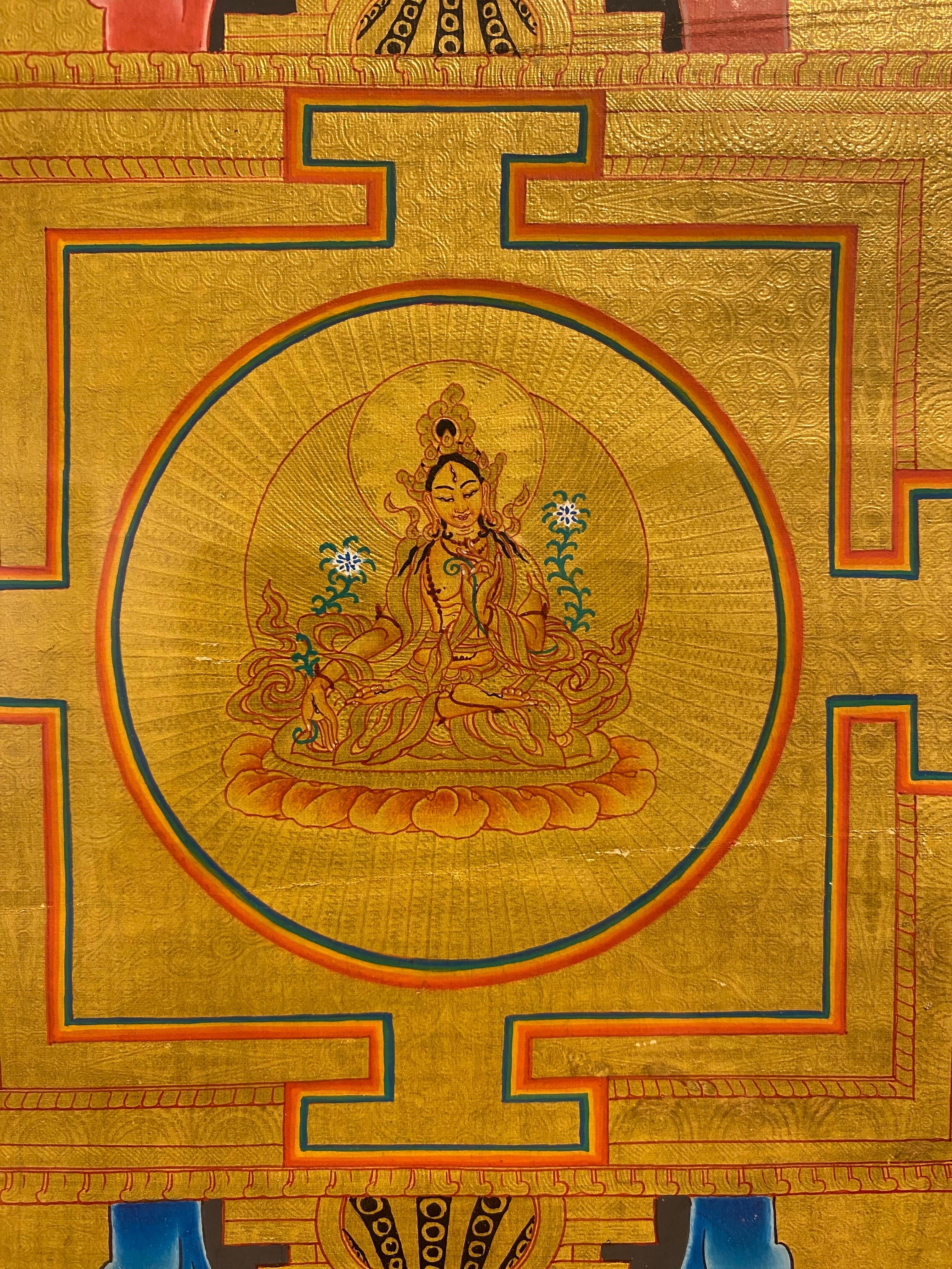 Framed Hand Painted on Canvas Mandala Thangka 24K Gold  - Brown Figurative Painting by Unknown