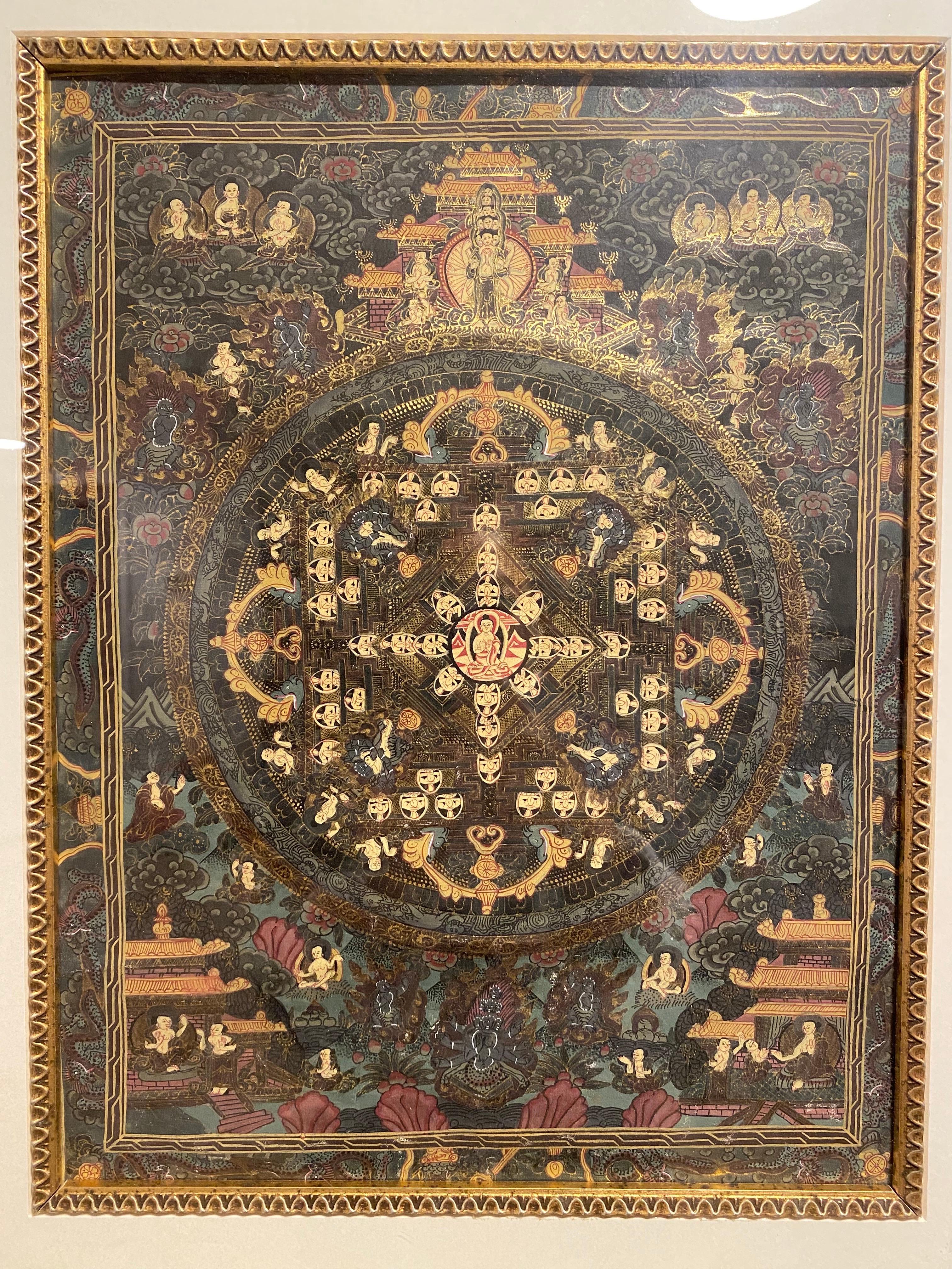 Framed Hand Painted on Canvas Mandala Thangka 24K gold  - Brown Figurative Painting by Unknown