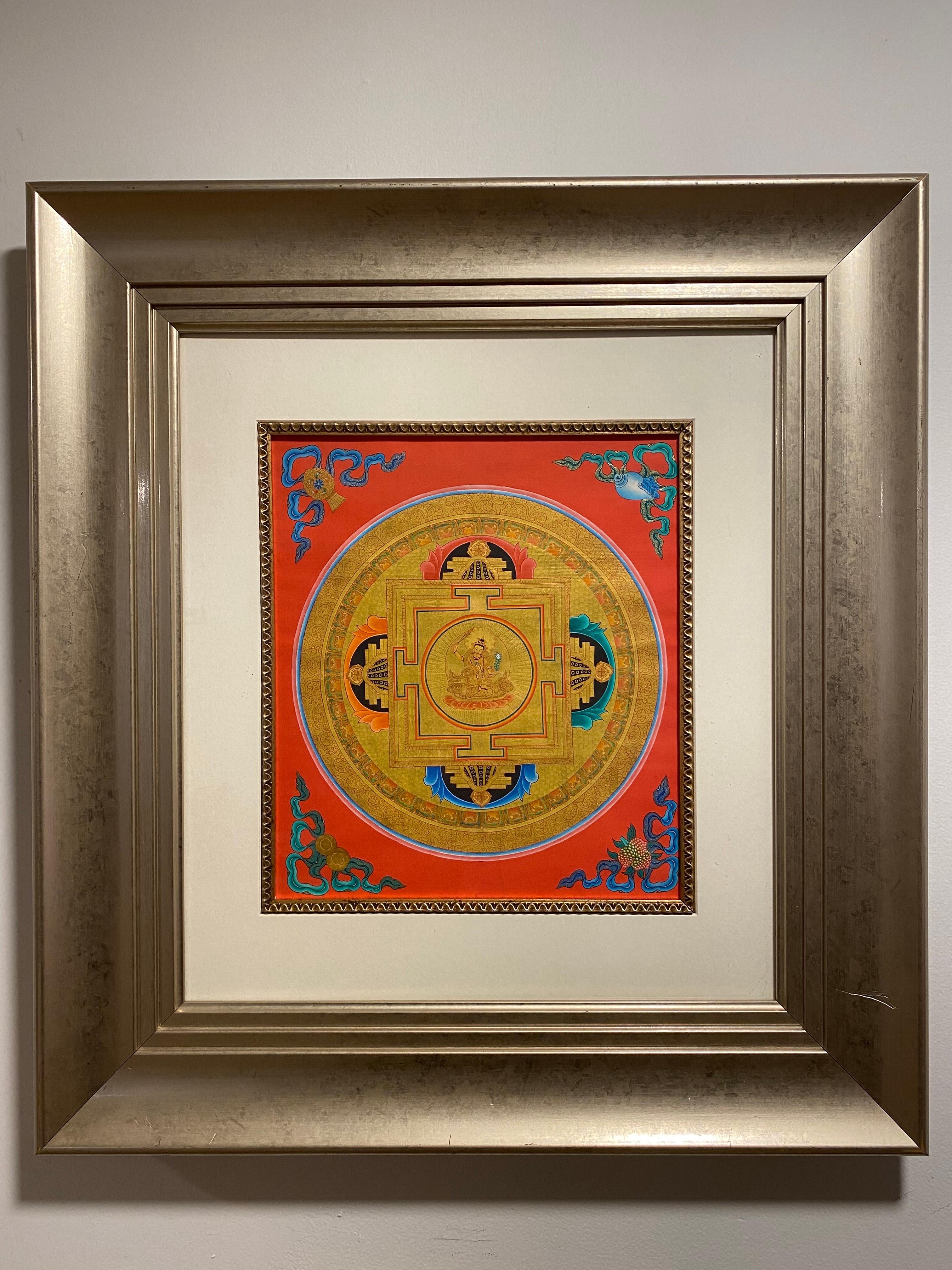 Unknown Figurative Painting - Framed Hand Painted  on Canvas Mandala Thangka 24K Gold 