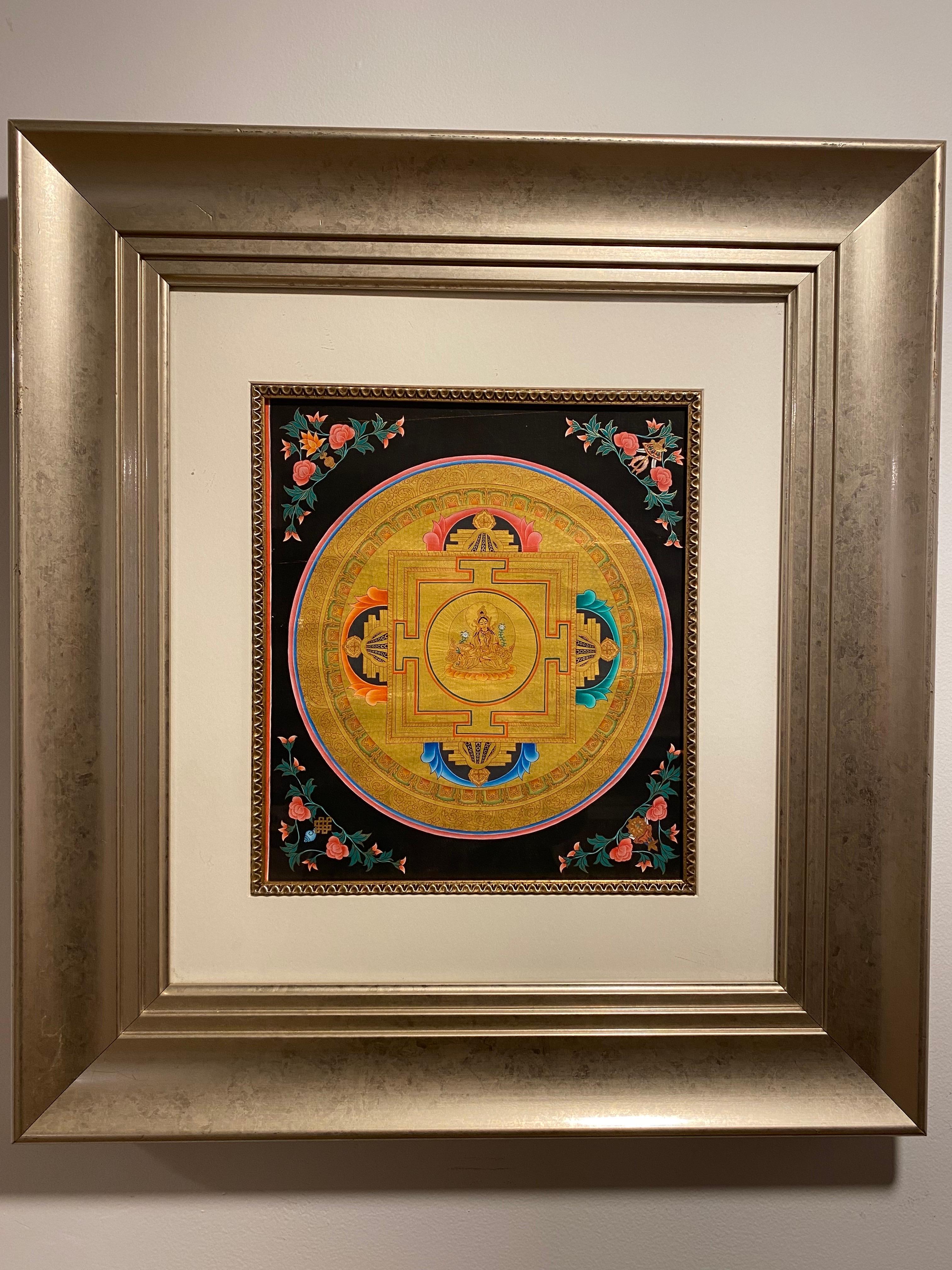 Unknown Figurative Painting - Framed Hand Painted on Canvas Mandala Thangka 24K Gold 