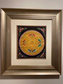 Peint à la main sur toile Mandala Thangka encadré or 24 carats 
