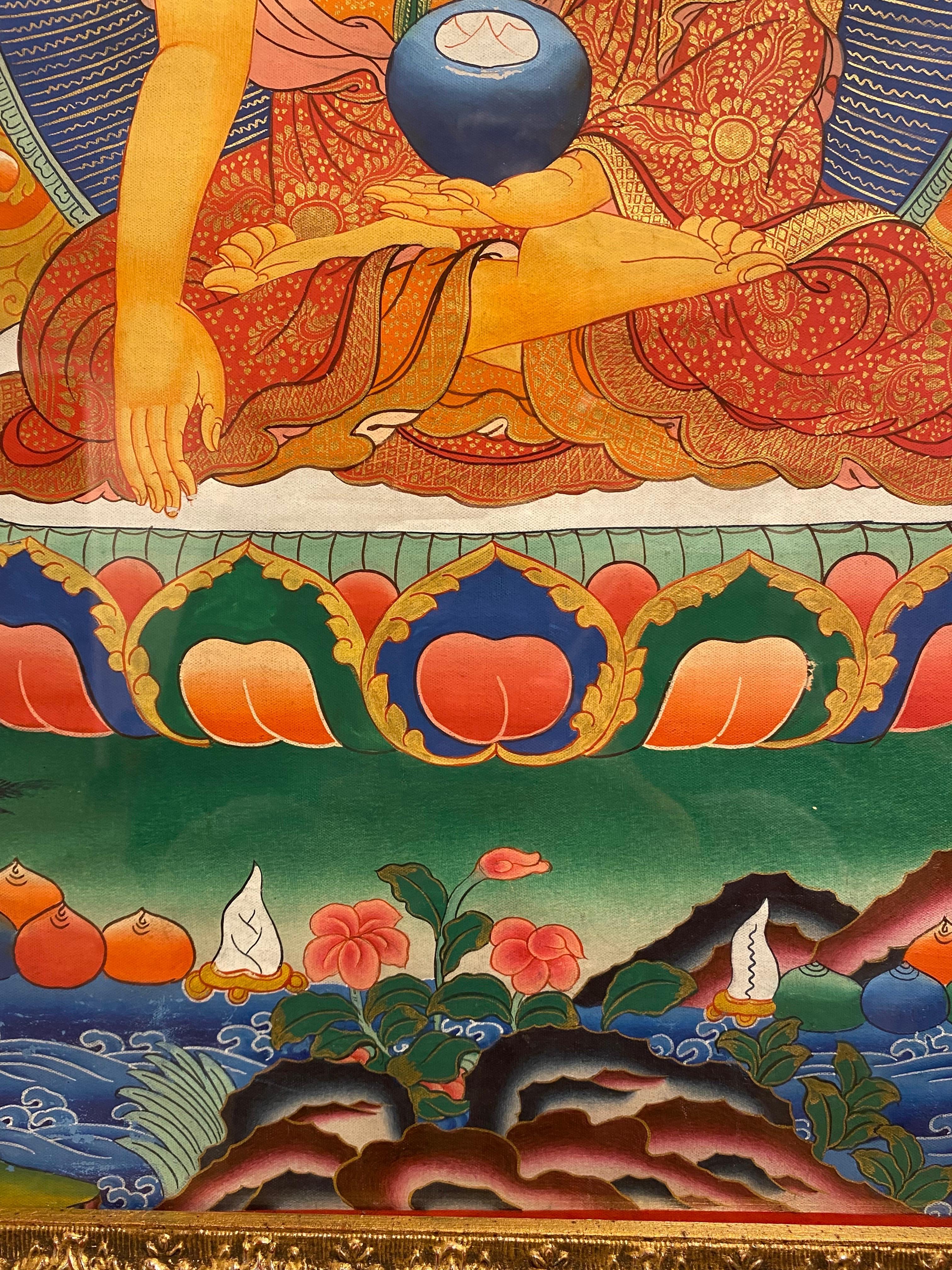 Framed Hand Painted on Canvas Shakyamuni Meditating Buddha Thangka 24K Gold  For Sale 7