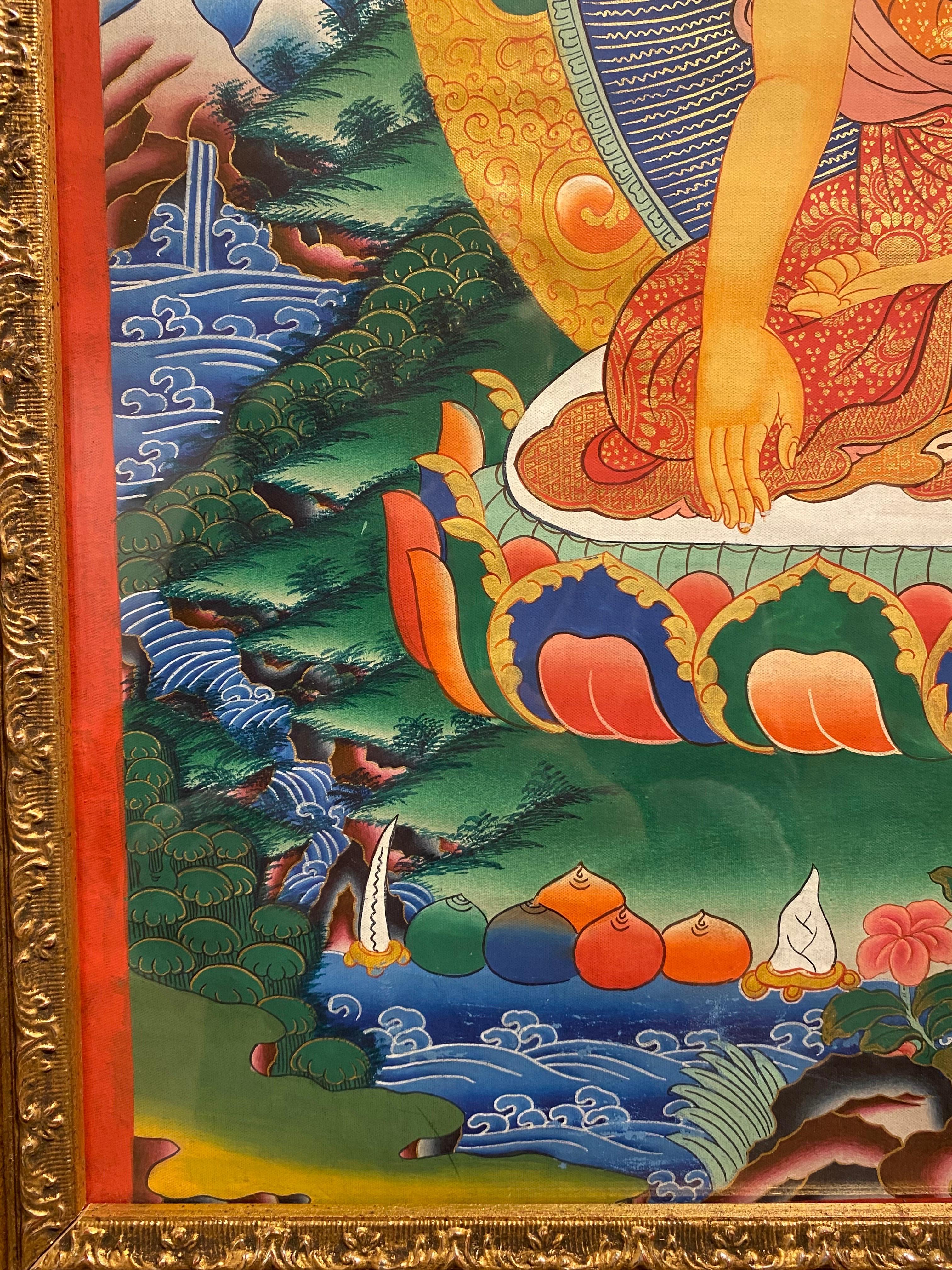 Framed Hand Painted on Canvas Shakyamuni Meditating Buddha Thangka 24K Gold  For Sale 8