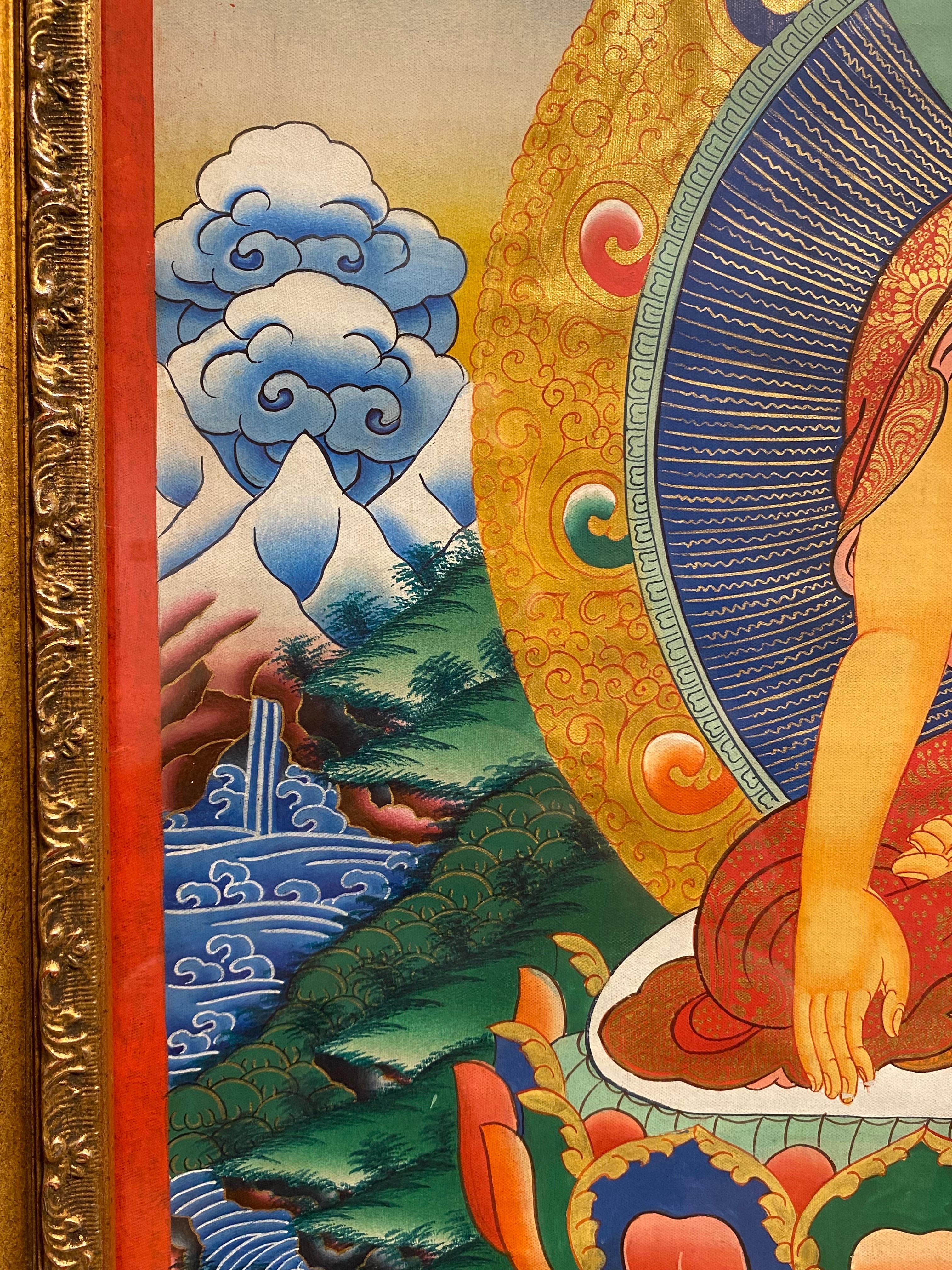 Framed Hand Painted on Canvas Shakyamuni Meditating Buddha Thangka 24K Gold  For Sale 9