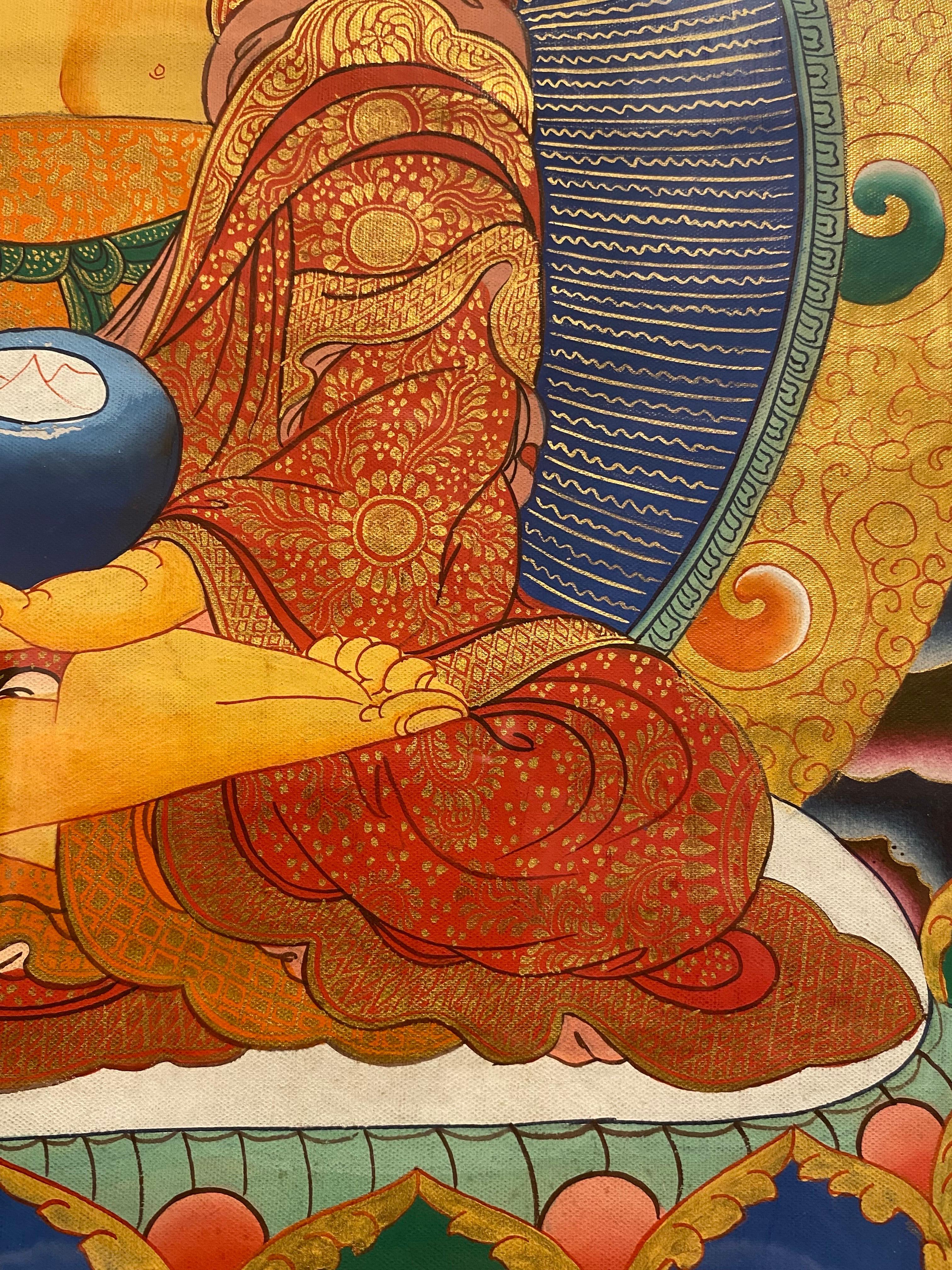 Framed Hand Painted on Canvas Shakyamuni Meditating Buddha Thangka 24K Gold  For Sale 11
