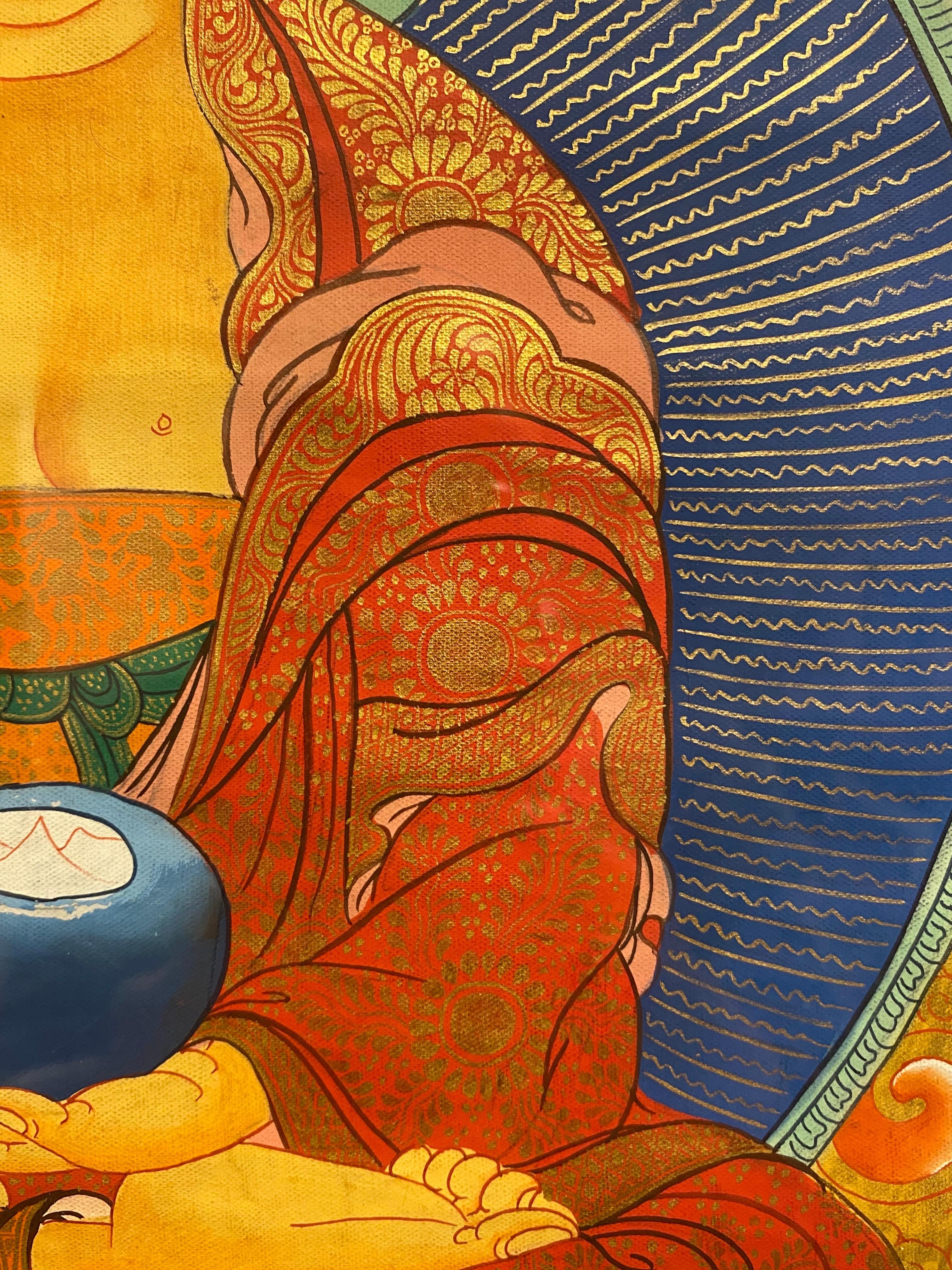 Framed Hand Painted on Canvas Shakyamuni Meditating Buddha Thangka 24K Gold  For Sale 12