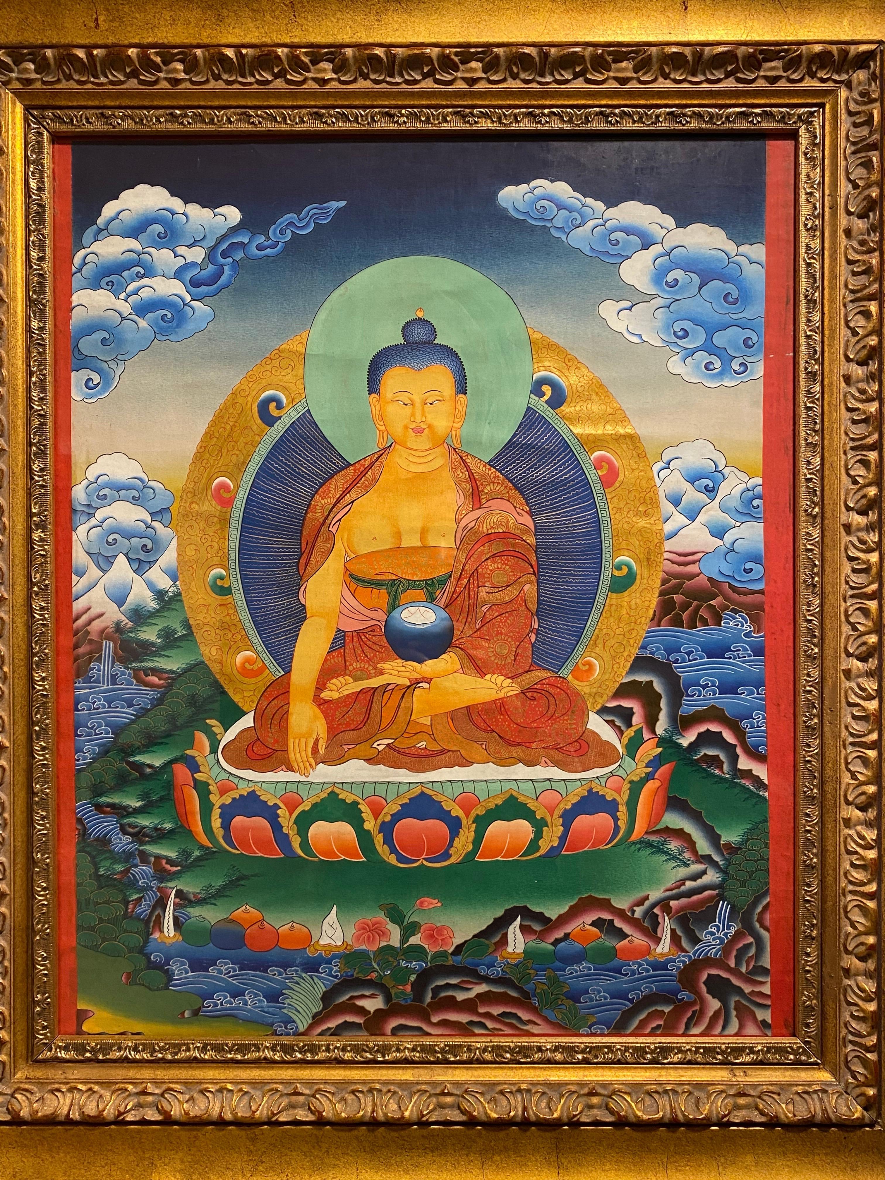 Framed Hand Painted on Canvas Shakyamuni Meditating Buddha Thangka 24K Gold  - Painting by Unknown