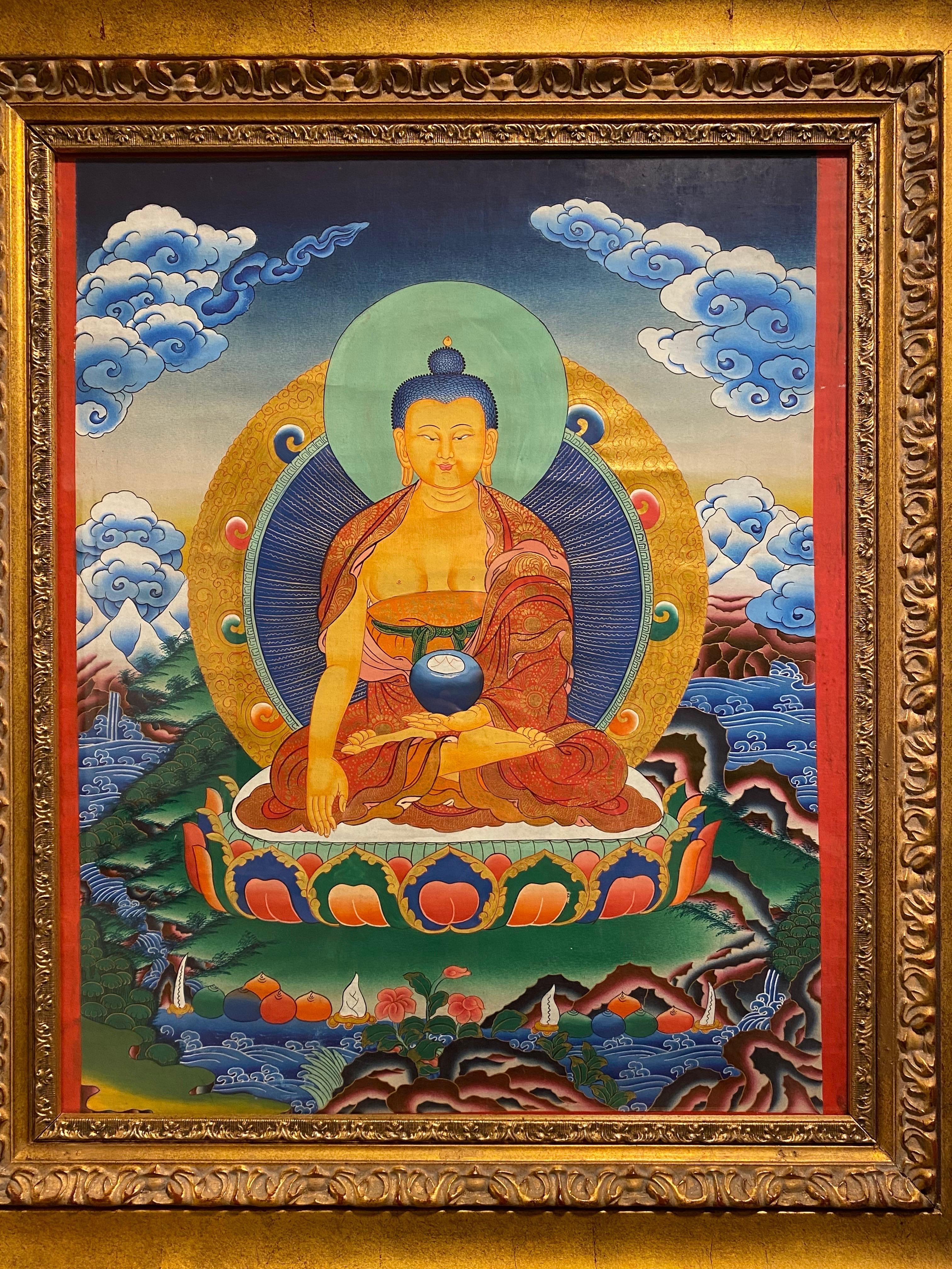 Framed Hand Painted on Canvas Shakyamuni Meditating Buddha Thangka 24K Gold  - Other Art Style Painting by Unknown