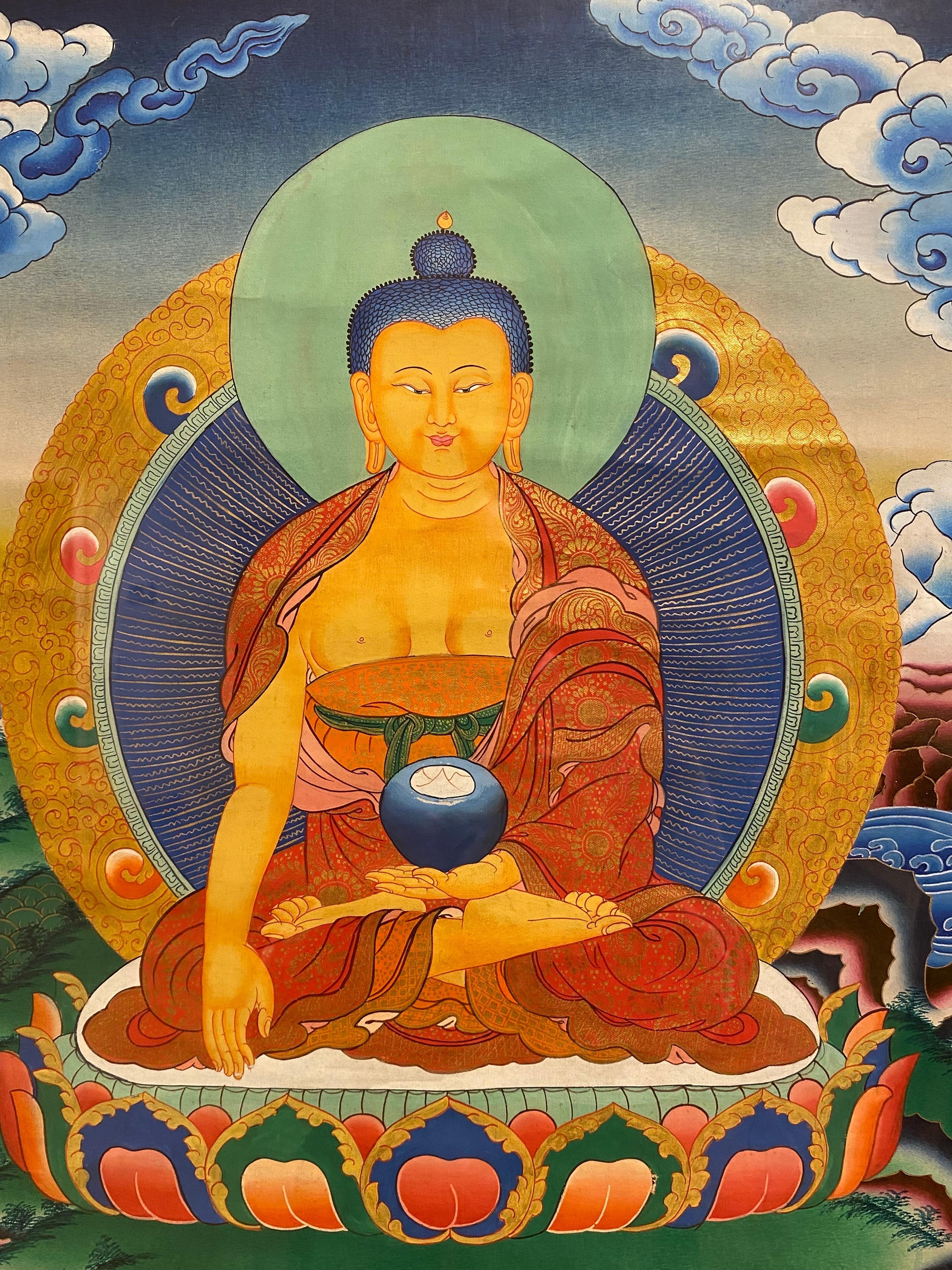 Framed Hand Painted on Canvas Shakyamuni Meditating Buddha Thangka 24K Gold  For Sale 1