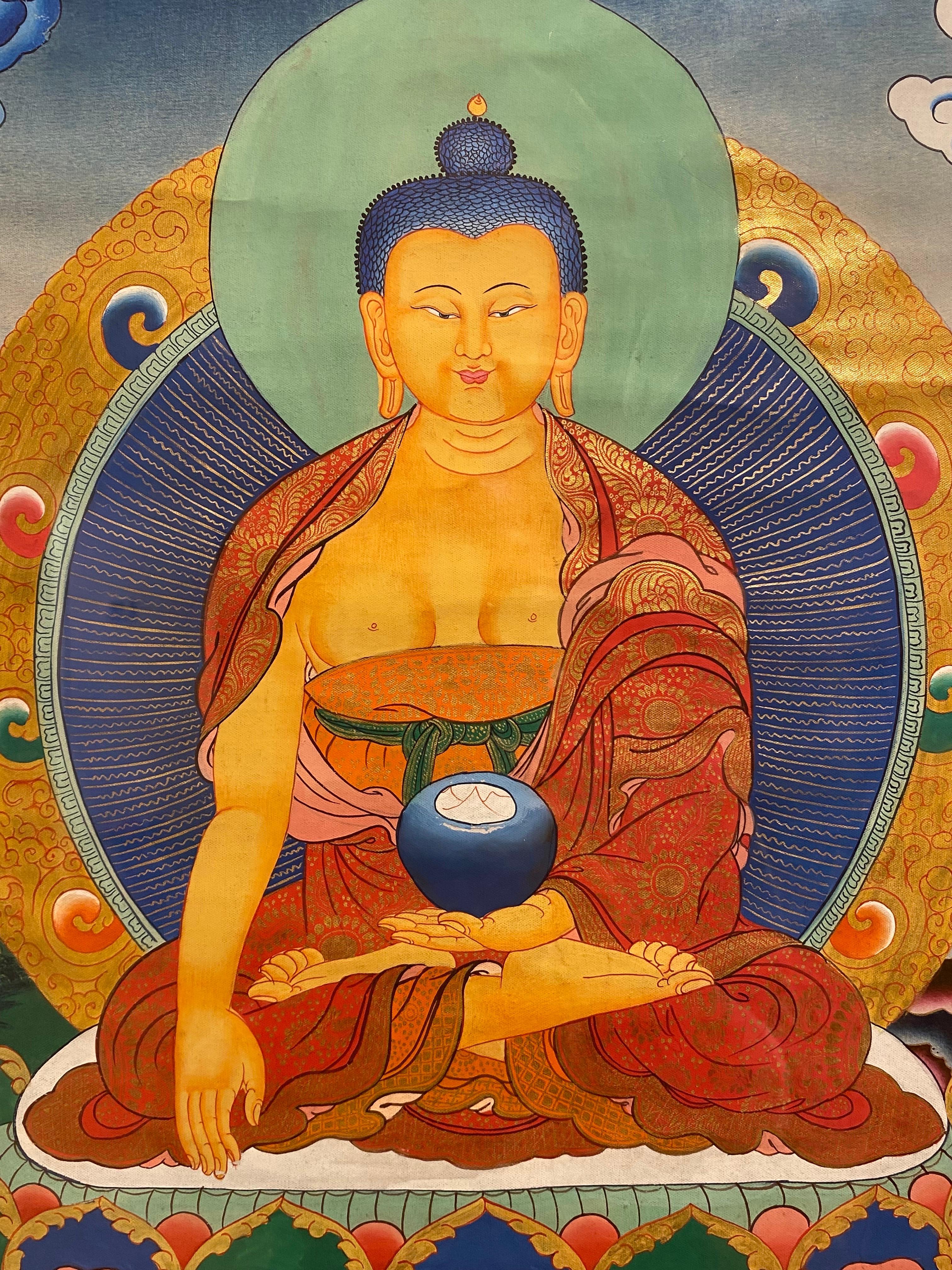 Framed Hand Painted on Canvas Shakyamuni Meditating Buddha Thangka 24K Gold  For Sale 2