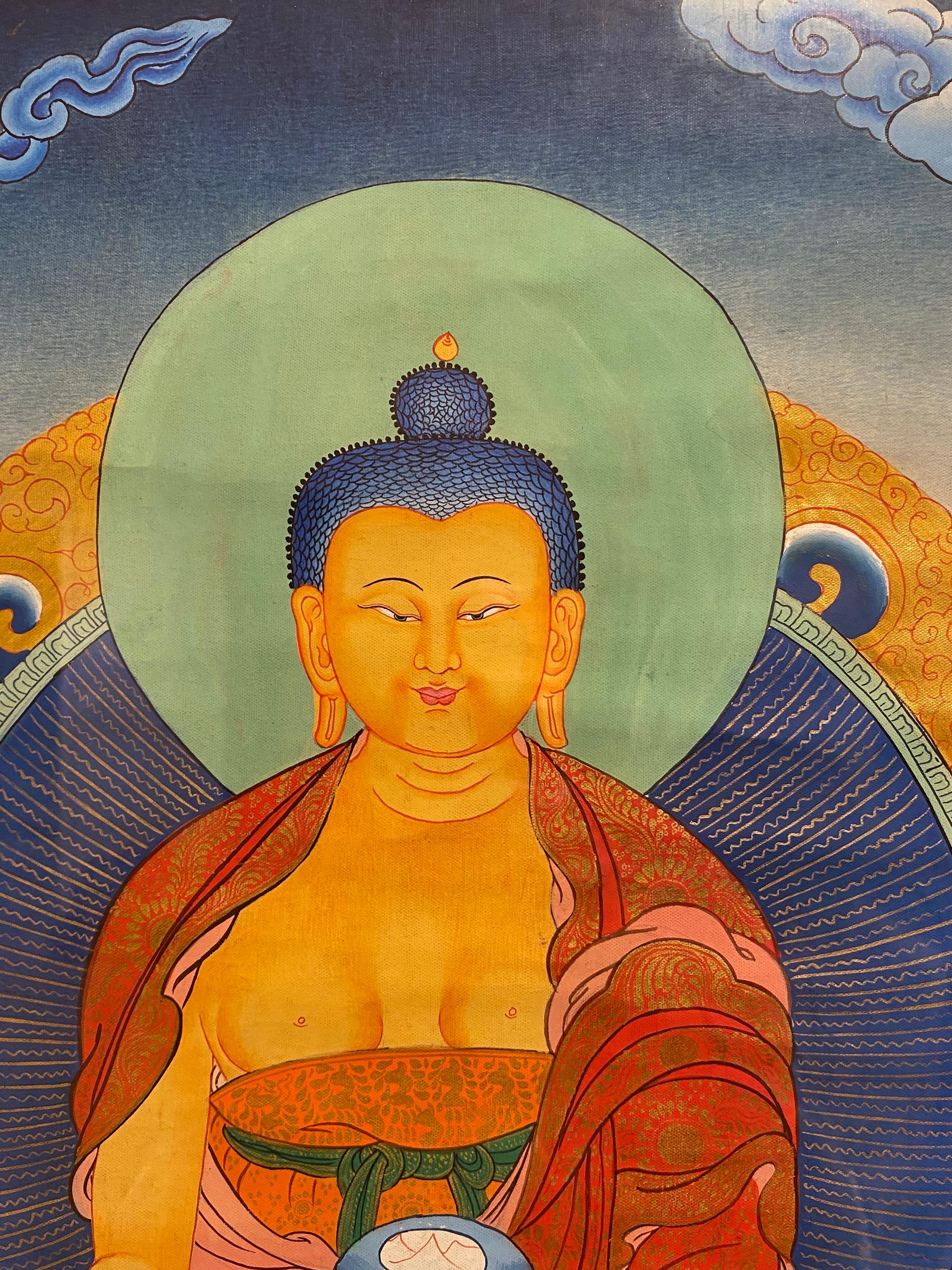 Framed Hand Painted on Canvas Shakyamuni Meditating Buddha Thangka 24K Gold  For Sale 3