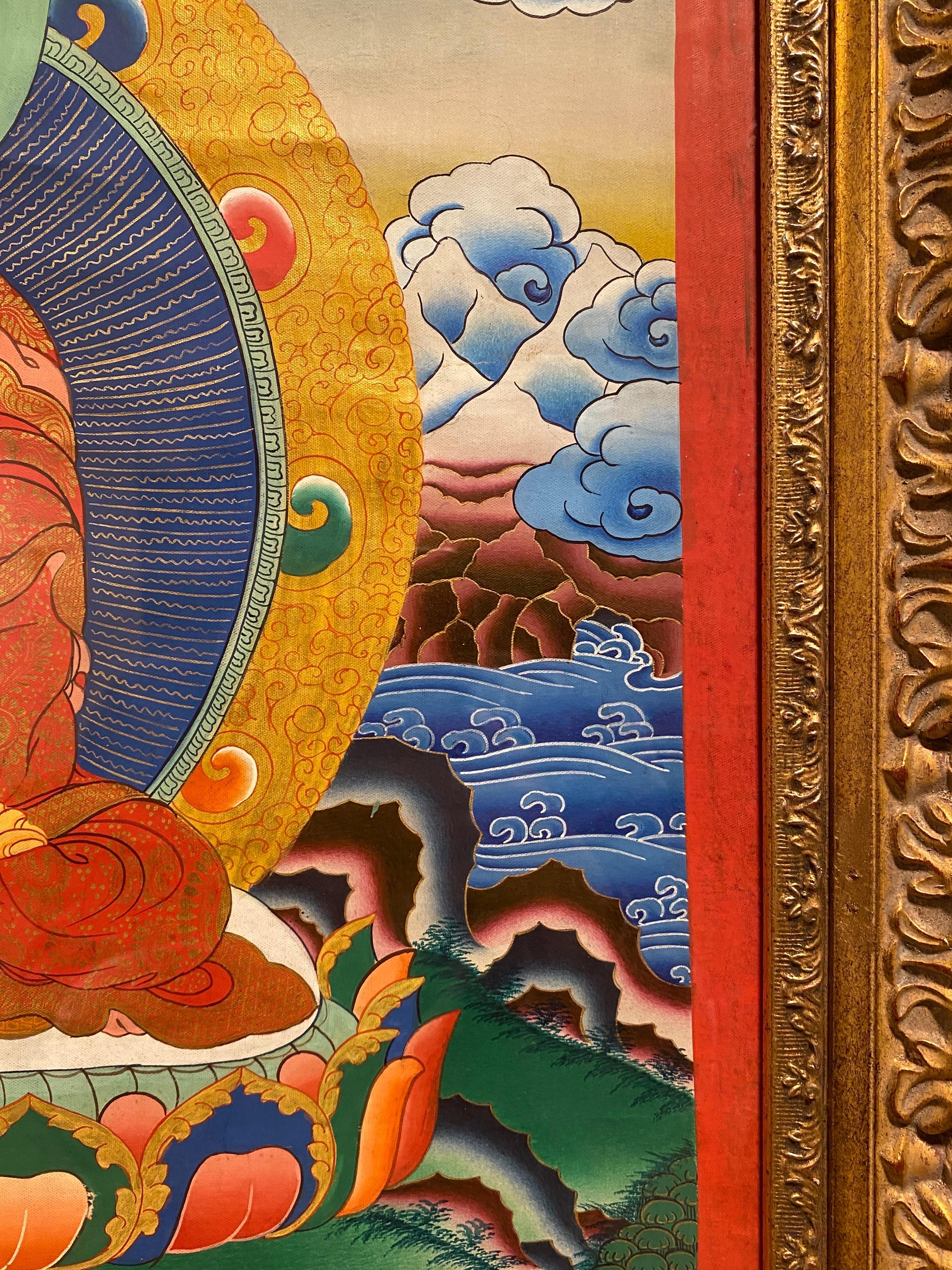Framed Hand Painted on Canvas Shakyamuni Meditating Buddha Thangka 24K Gold  For Sale 4