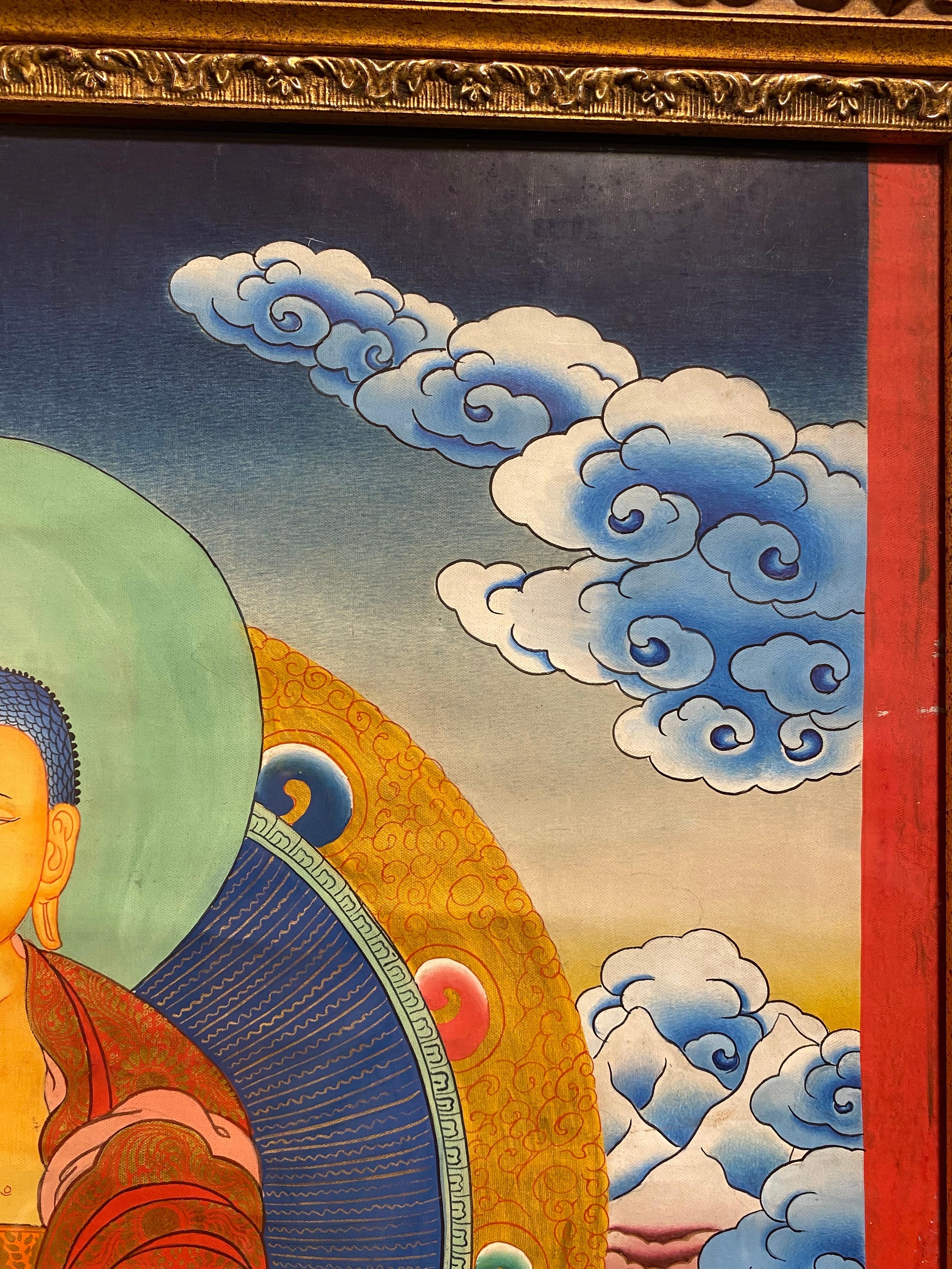 Framed Hand Painted on Canvas Shakyamuni Meditating Buddha Thangka 24K Gold  For Sale 5