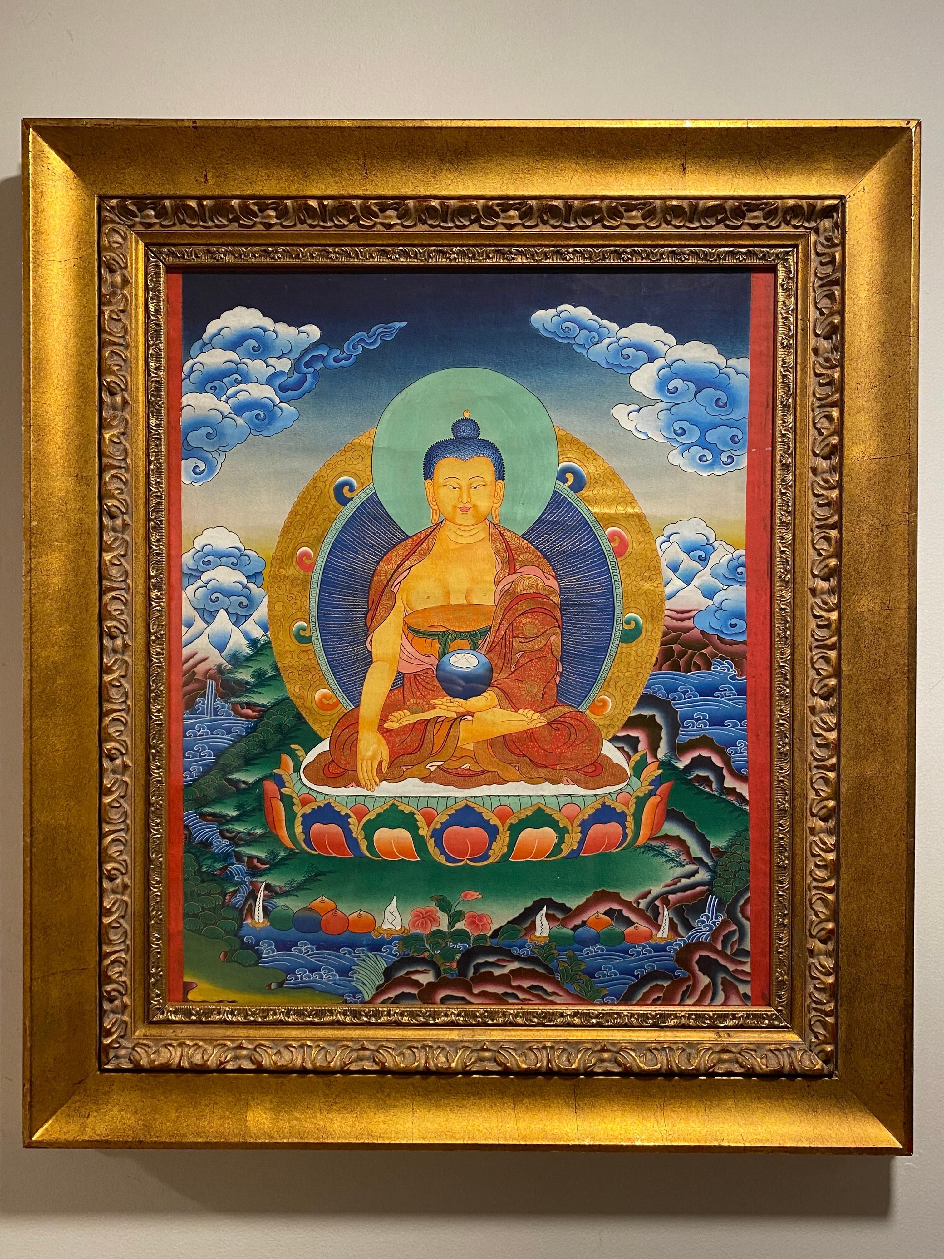 Unknown Figurative Painting - Framed Hand Painted on Canvas Shakyamuni Meditating Buddha Thangka 24K Gold 