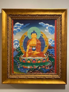 Vintage Framed Hand Painted on Canvas Shakyamuni Meditating Buddha Thangka 24K Gold 