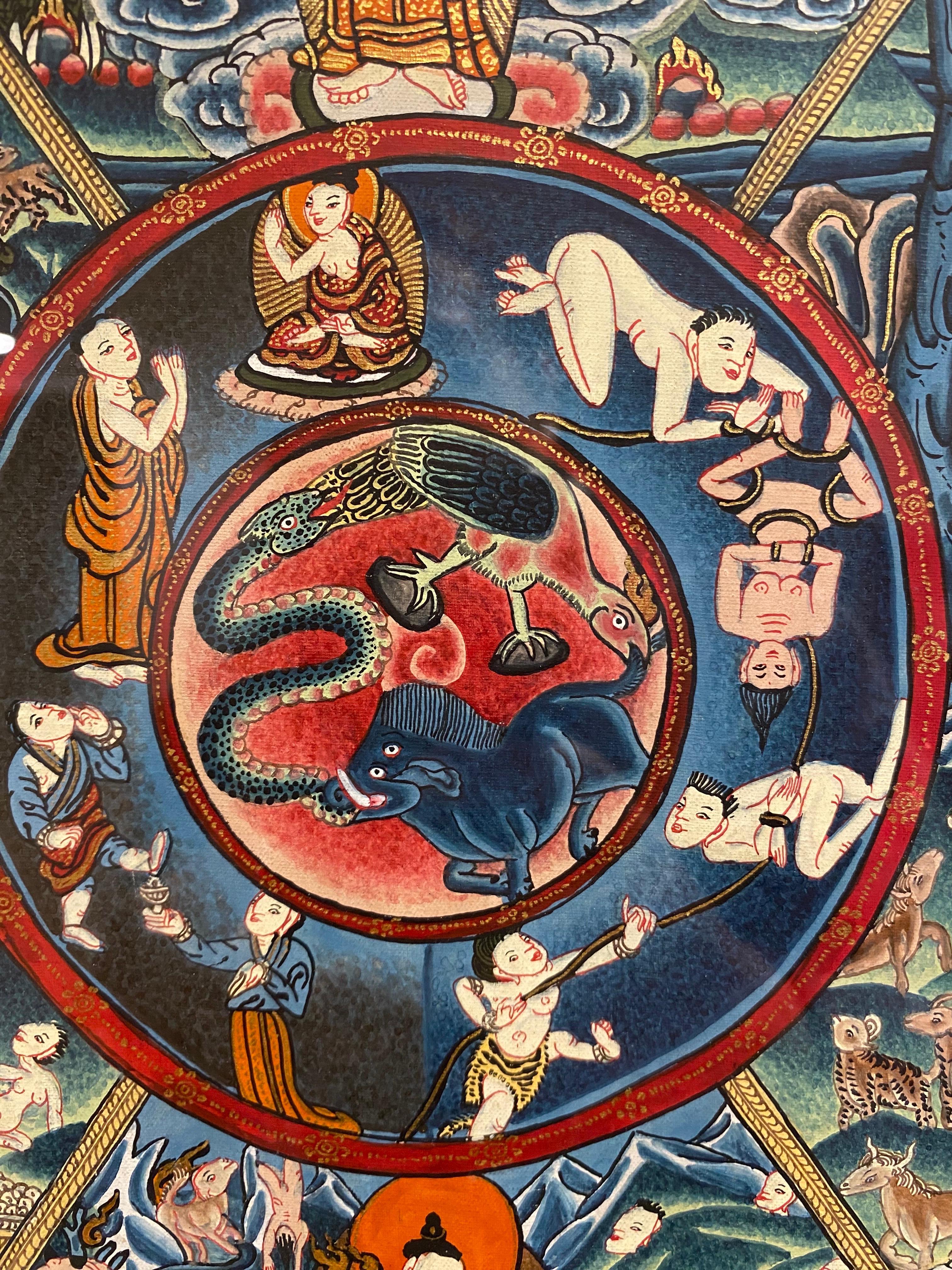 Gerahmt, handbemalt auf Leinwand, Rad des Lebens, Thangka 24K Gold, Thangka im Angebot 6