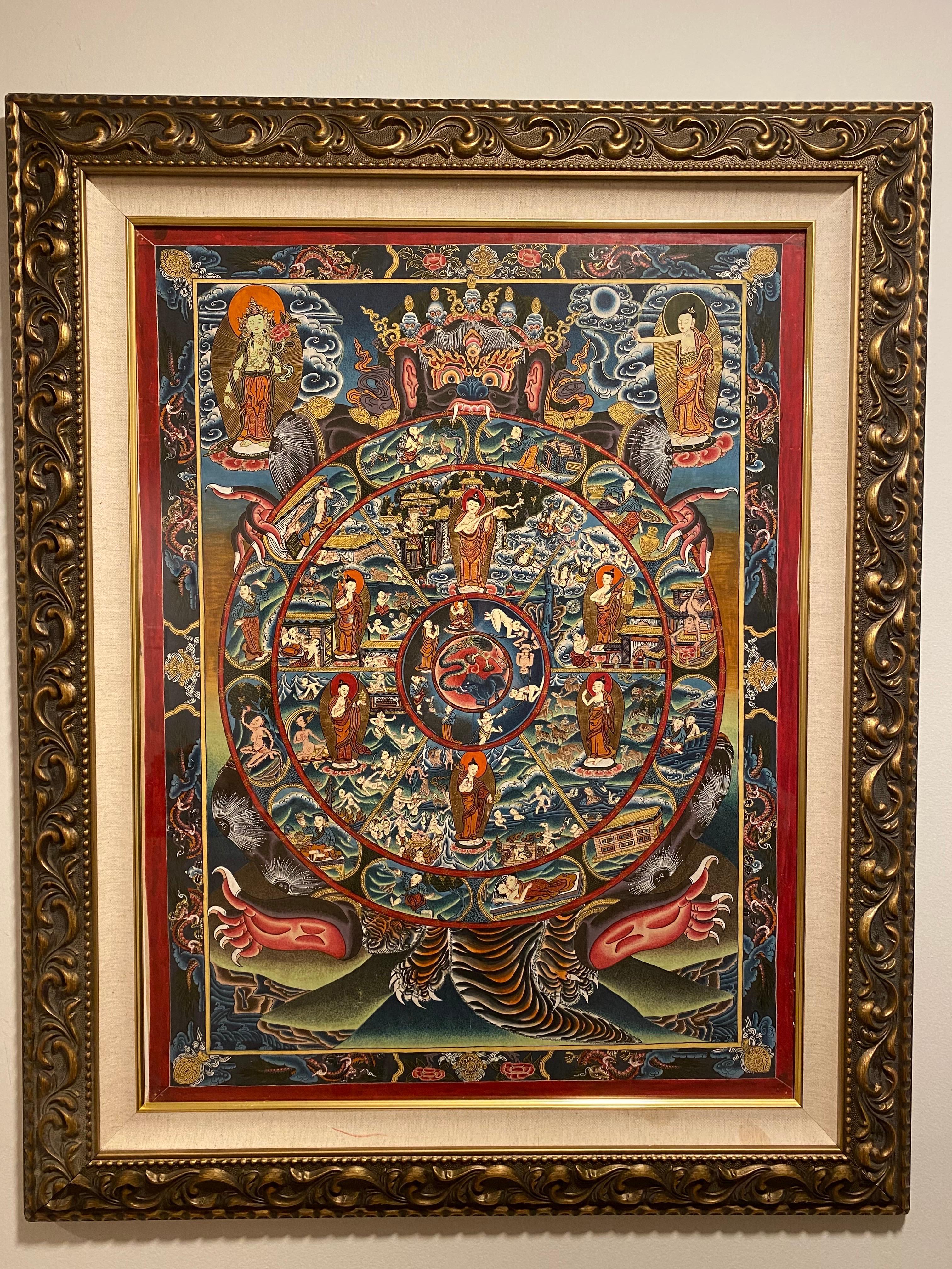 Framed Hand Painted on Canvas Wheel of Life Thangka 24K Gold - Painting by Unknown