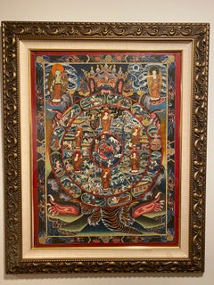 Framed Hand Painted on Canvas Wheel of Life Thangka 24K Gold